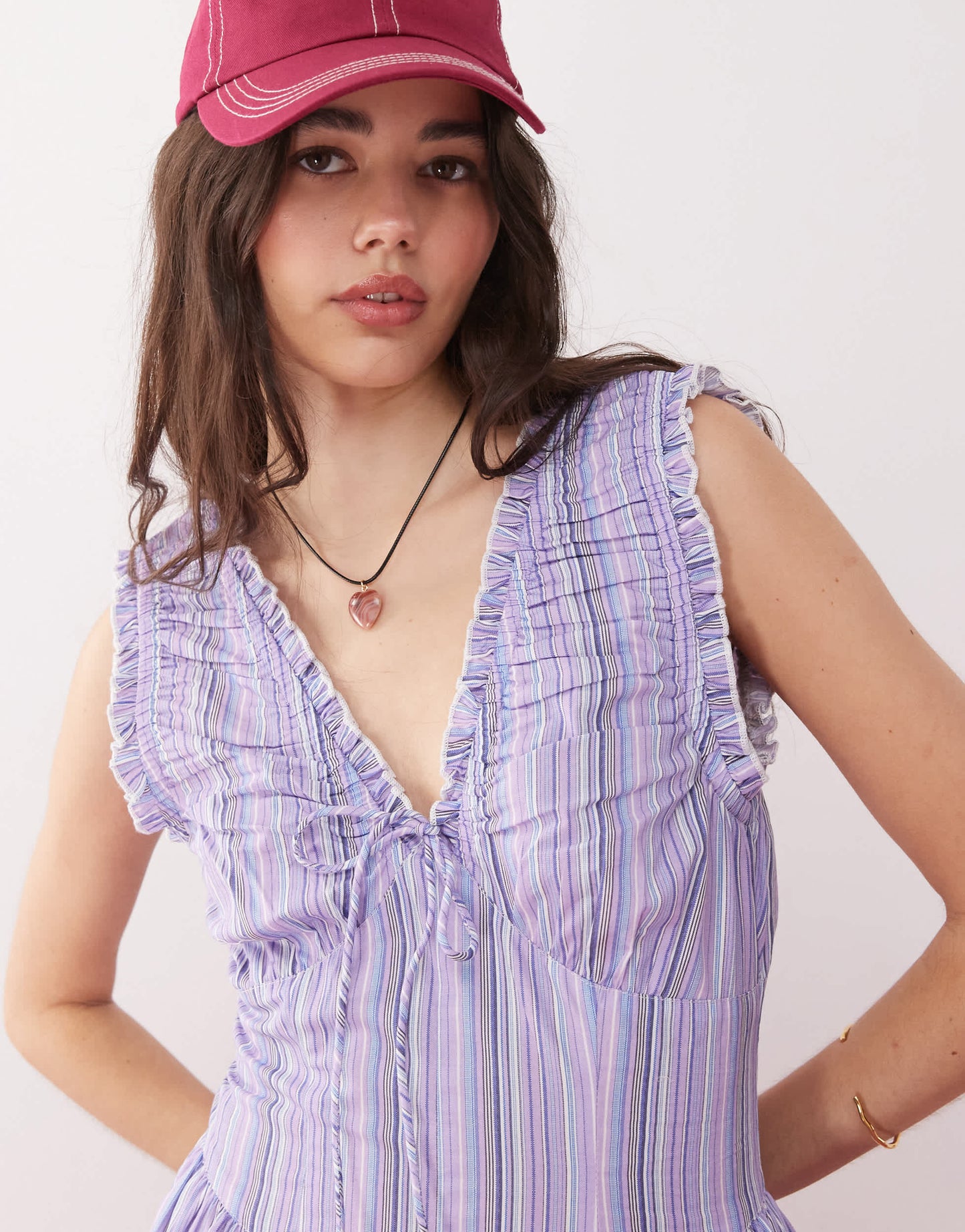 Reclaimed Vintage sun dress with ruched detailing in purple candy stripe