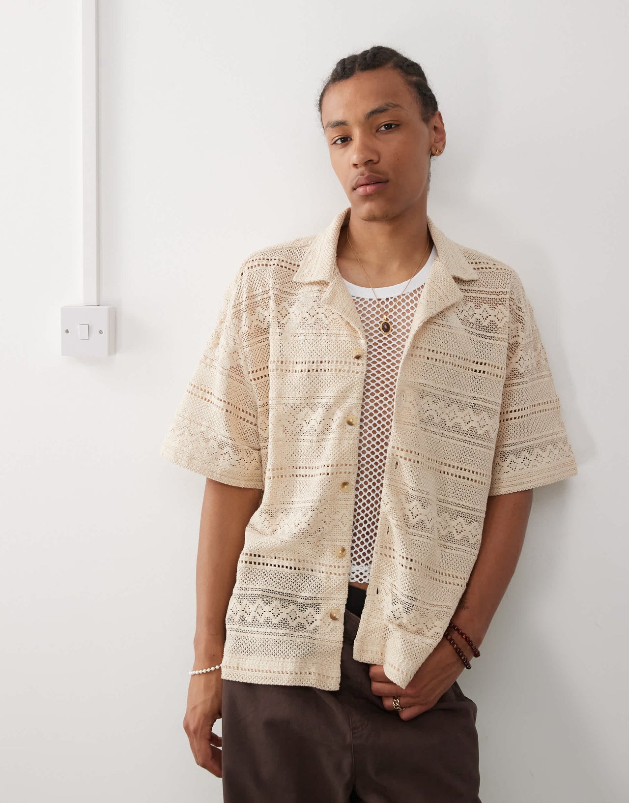 Reclaimed Vintage Limited Edition short sleeve boxy crochet shirt in beige
