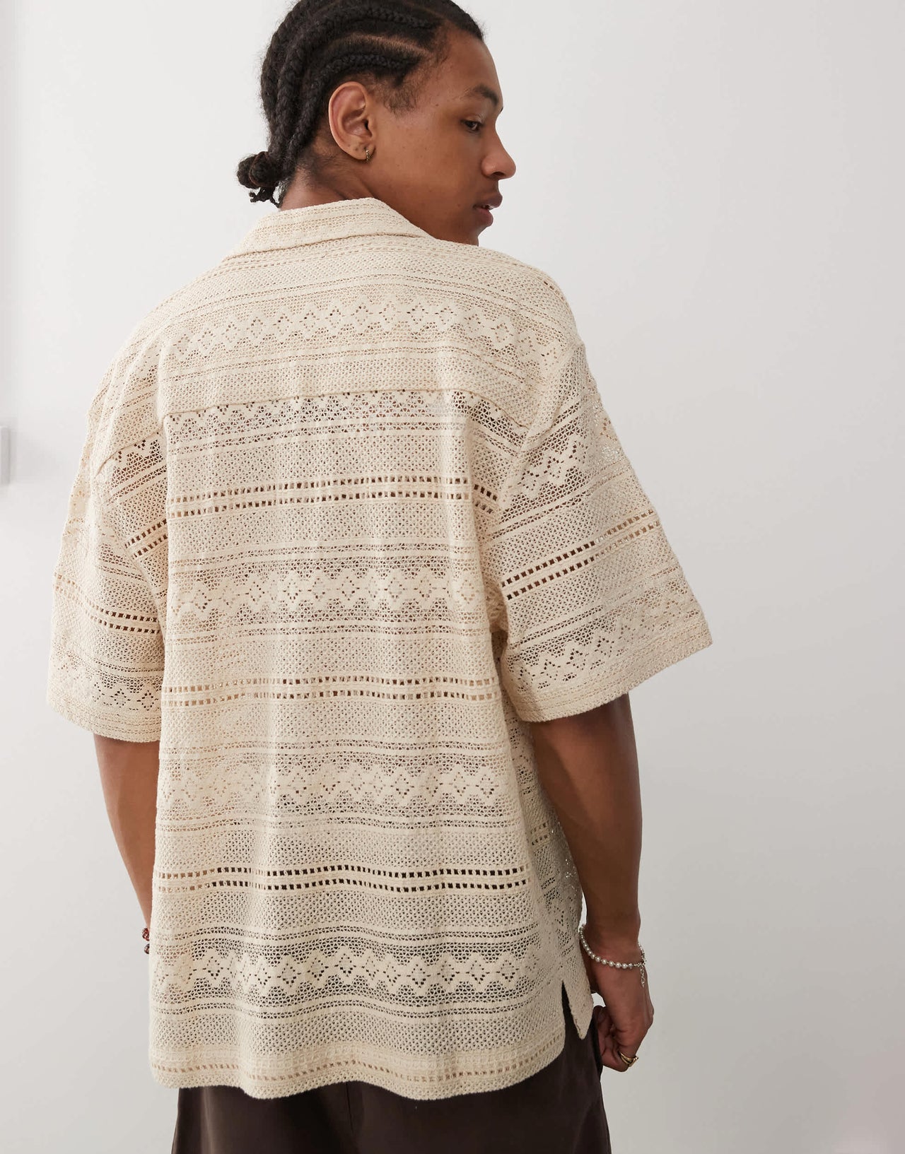 Reclaimed Vintage Limited Edition short sleeve boxy crochet shirt in beige