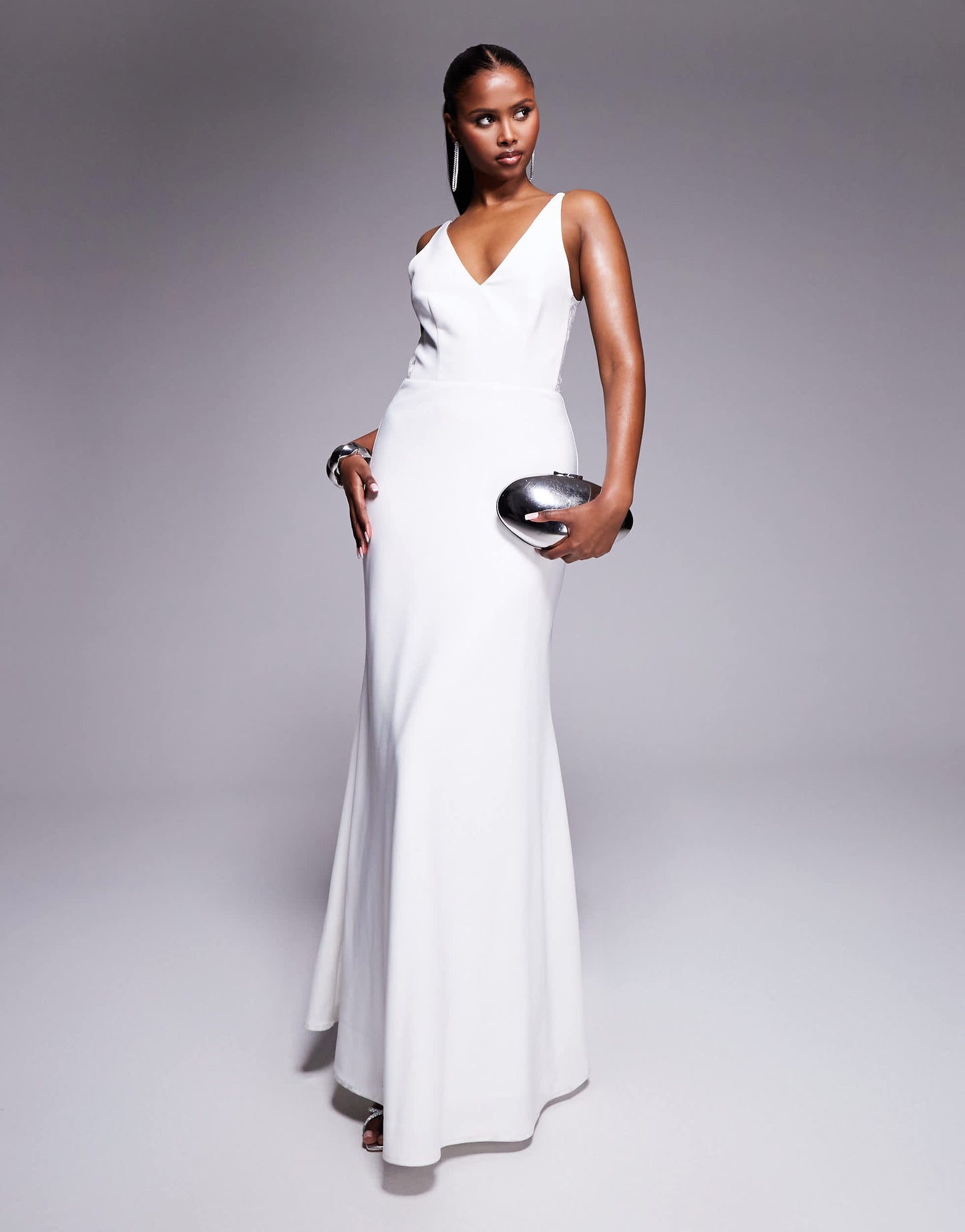 Jarlo v-neck maxi dress with lace panels in ivory
