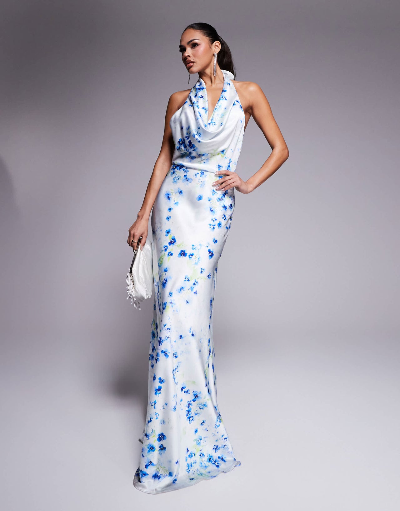 Jarlo cowl halter neck satin maxi dress in blue floral