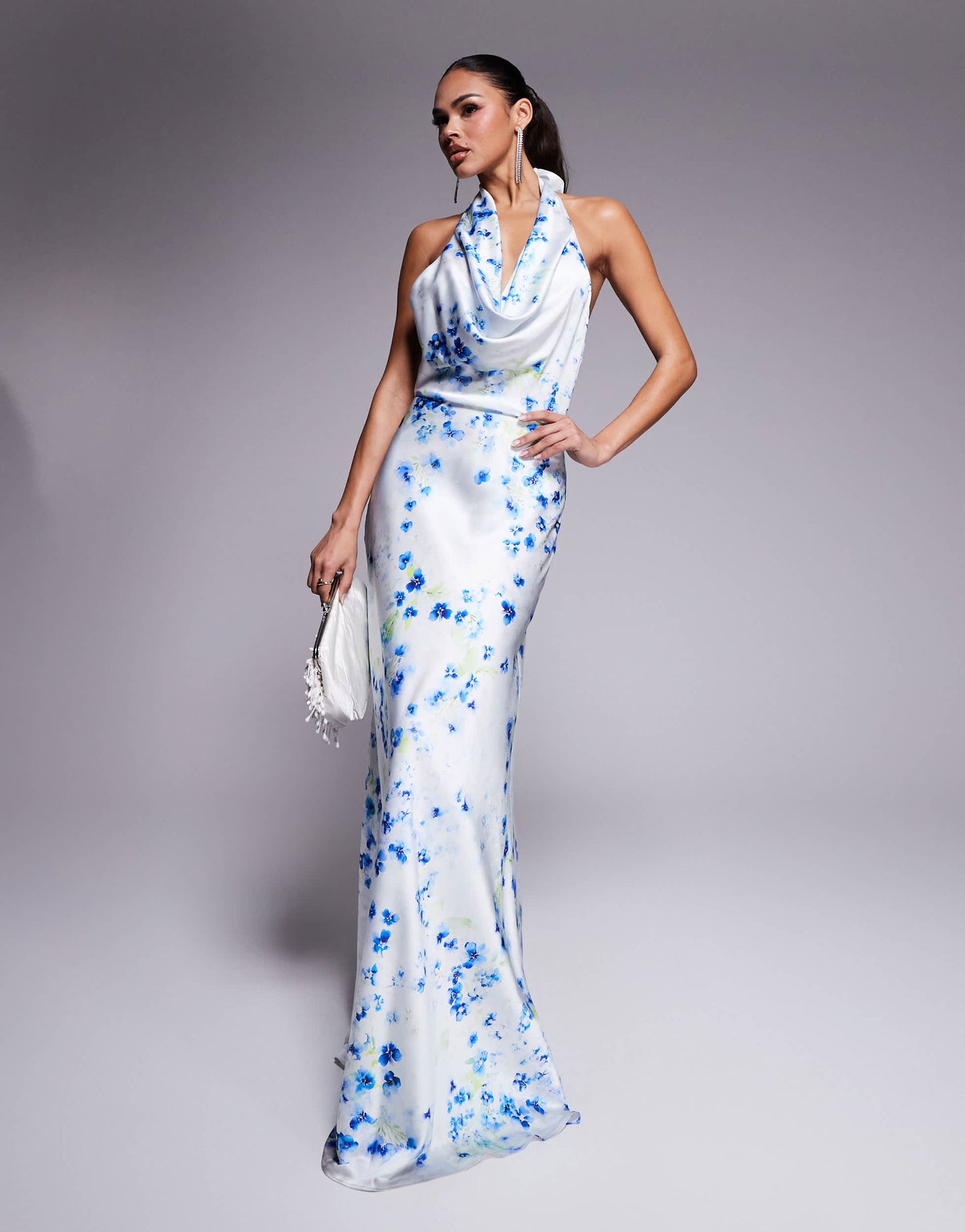 Jarlo cowl halter neck satin maxi dress in blue floral