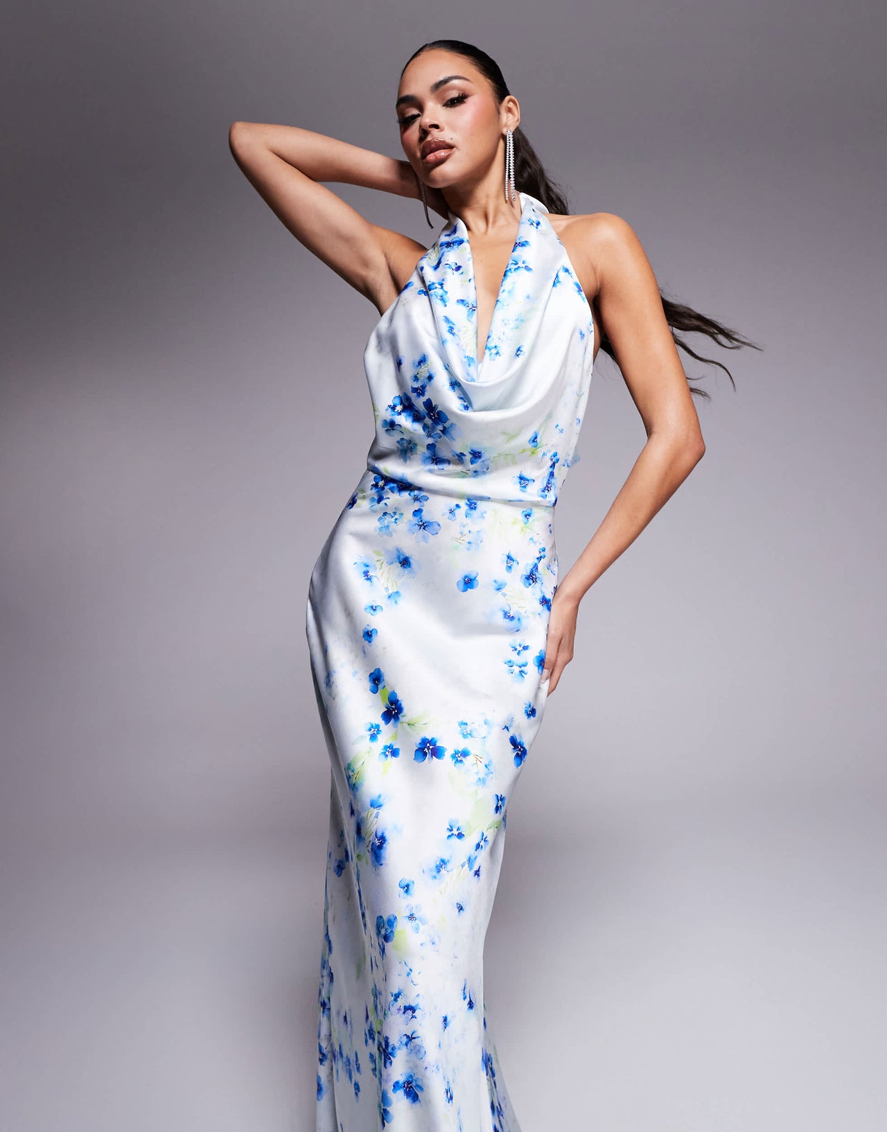 Jarlo cowl halter neck satin maxi dress in blue floral
