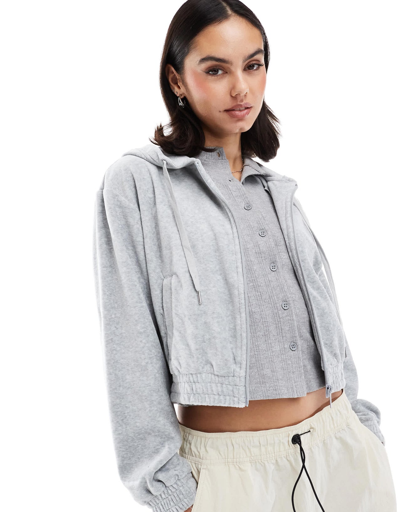 Stradivarius velor zipper jacket in light grey