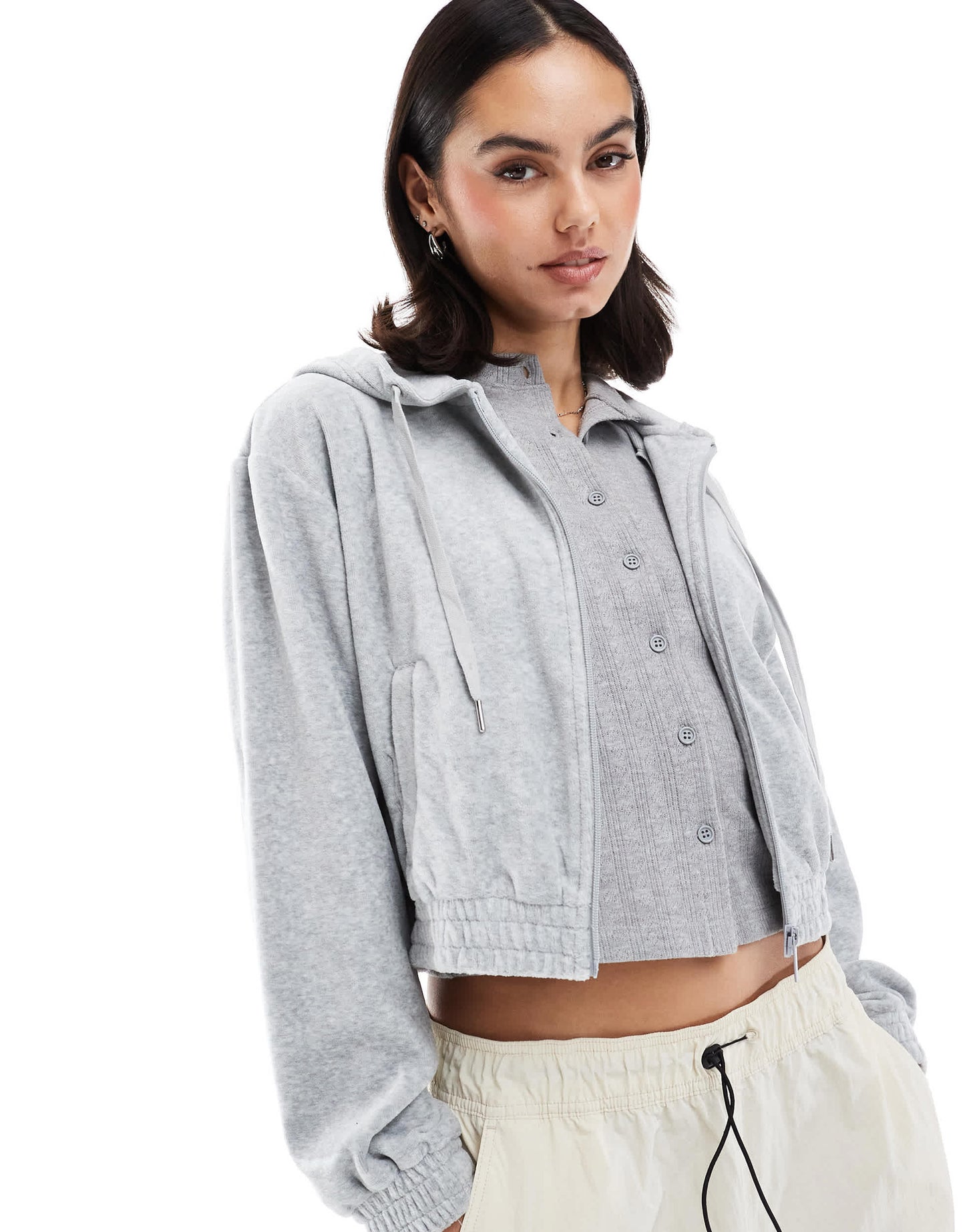 Stradivarius velor zipper jacket in light grey
