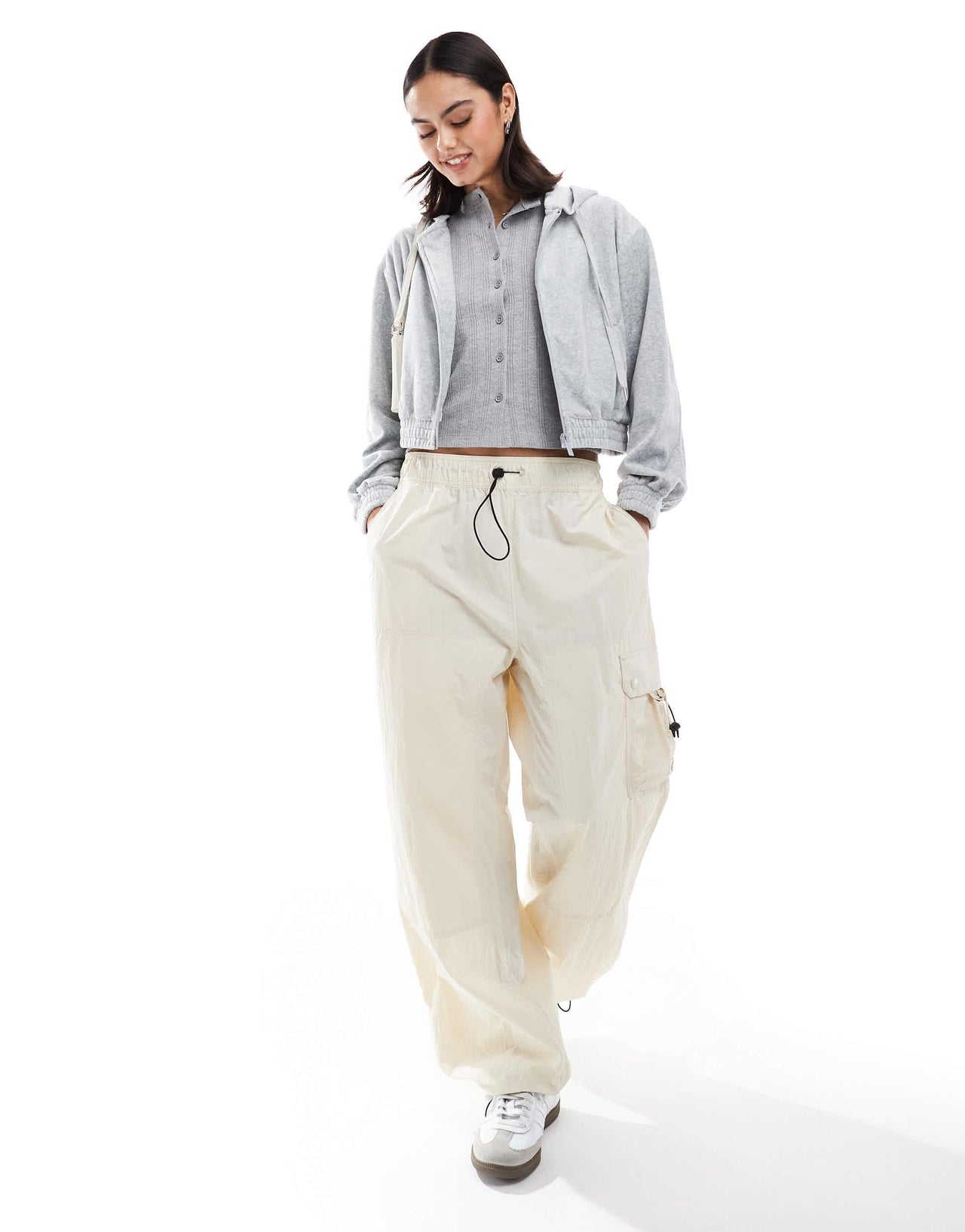 Stradivarius velor zipper jacket in light grey