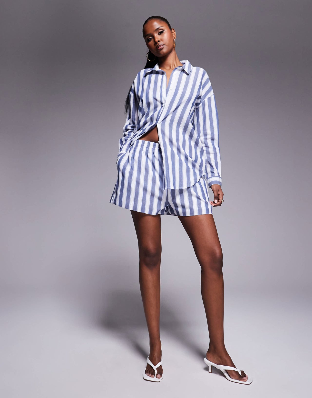 Kaiia exclusive cotton loose shorts co-ord in blue and white deckchair stripe