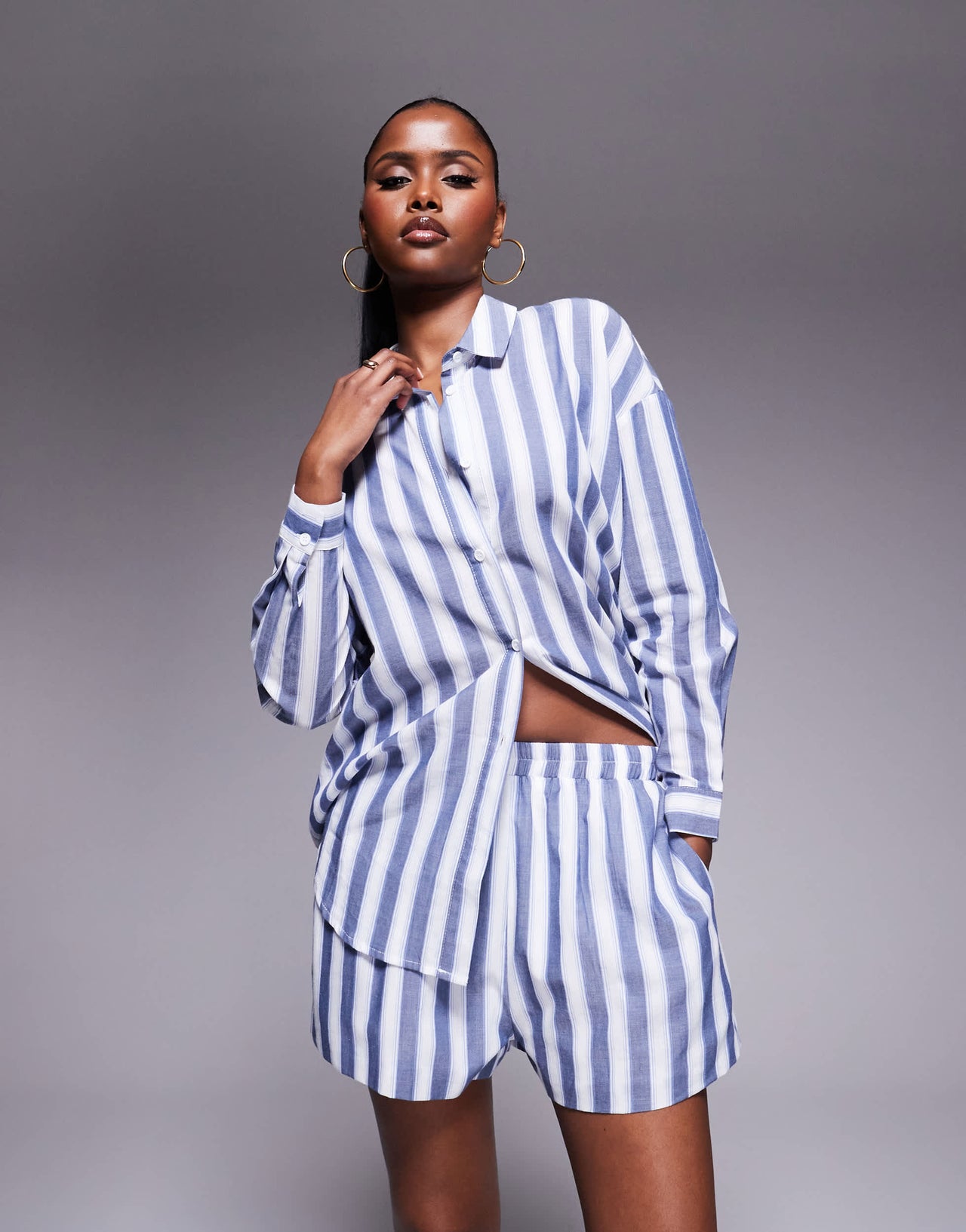 Kaiia exclusive cotton loose shorts co-ord in blue and white deckchair stripe