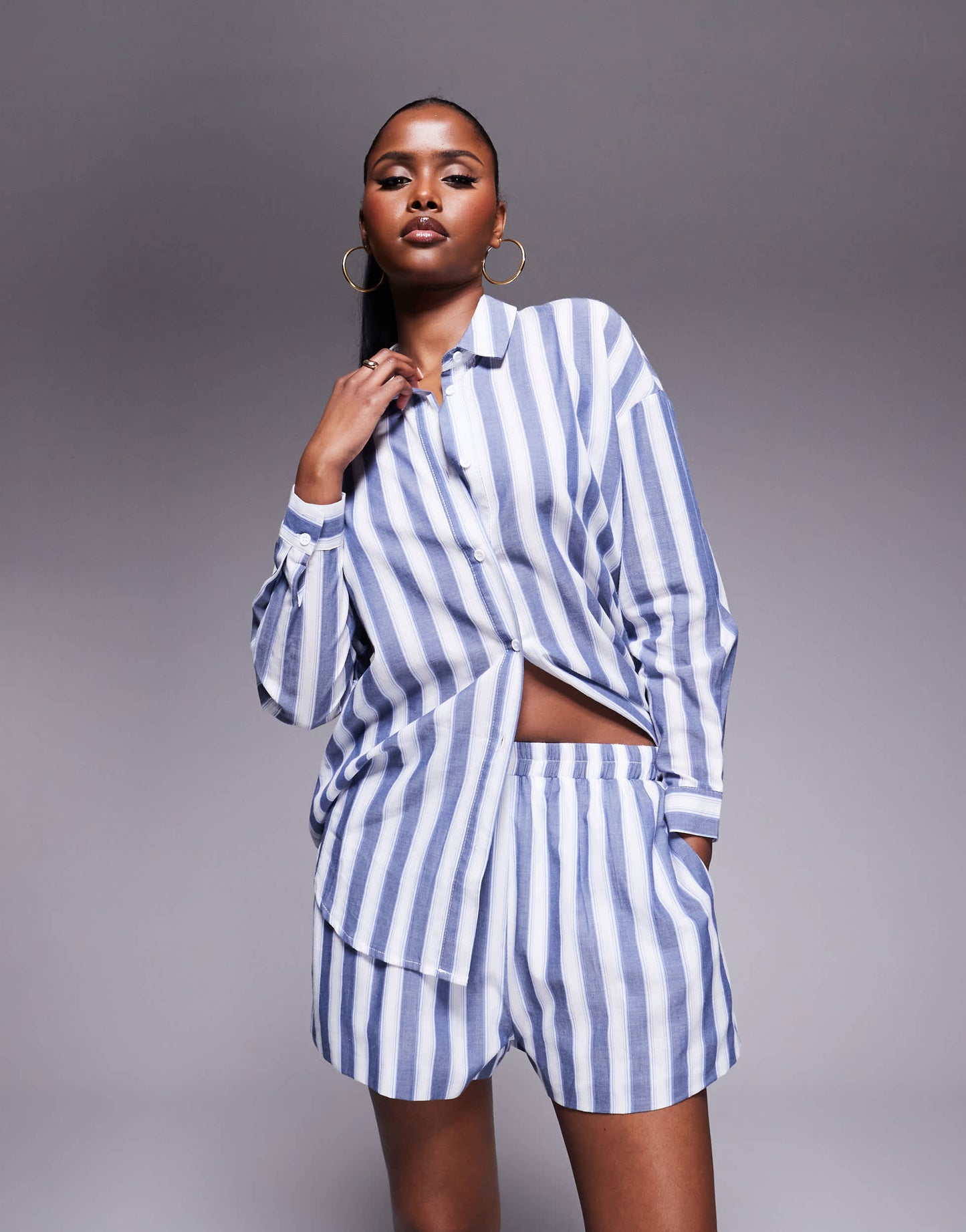 Kaiia exclusive cotton loose shorts co-ord in blue and white deckchair stripe