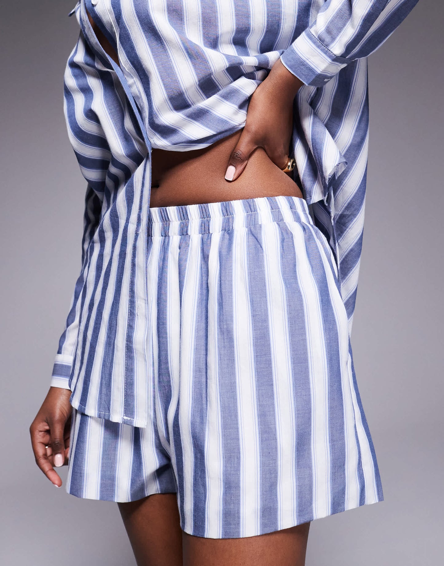 Kaiia exclusive cotton loose shorts co-ord in blue and white deckchair stripe