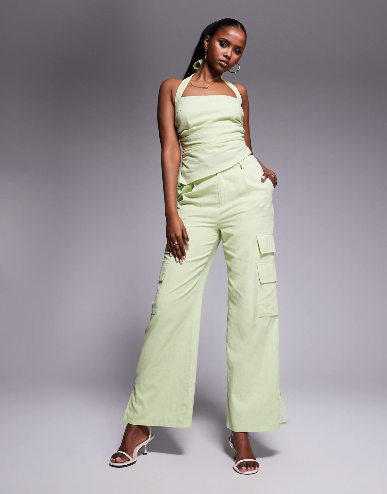 Kaiia exclusive linen look pocket detail cargo trouser co-ord in apple green