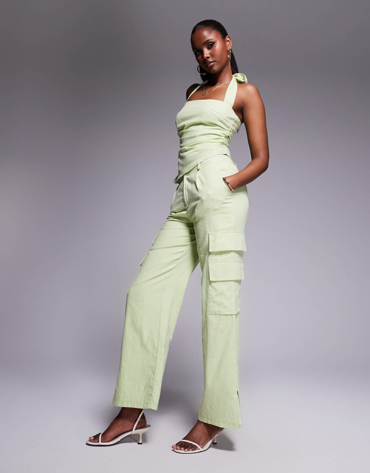 Kaiia exclusive linen look pocket detail cargo trouser co-ord in apple green