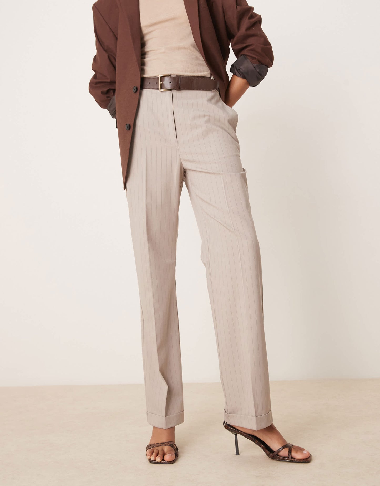 ASOS DESIGN Tall tailored slim straight trousers with belt in mink stripe