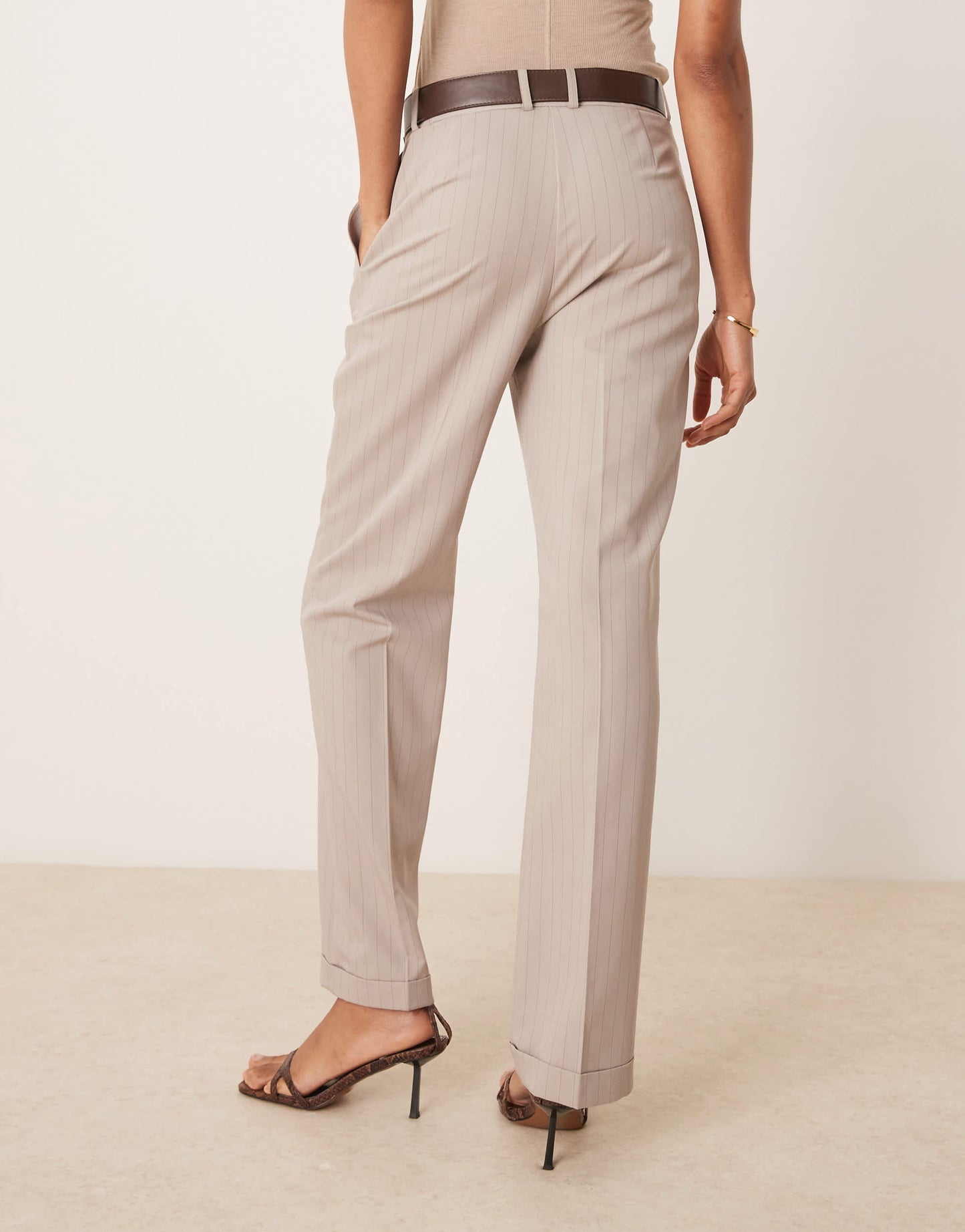ASOS DESIGN Tall tailored slim straight trousers with belt in mink stripe
