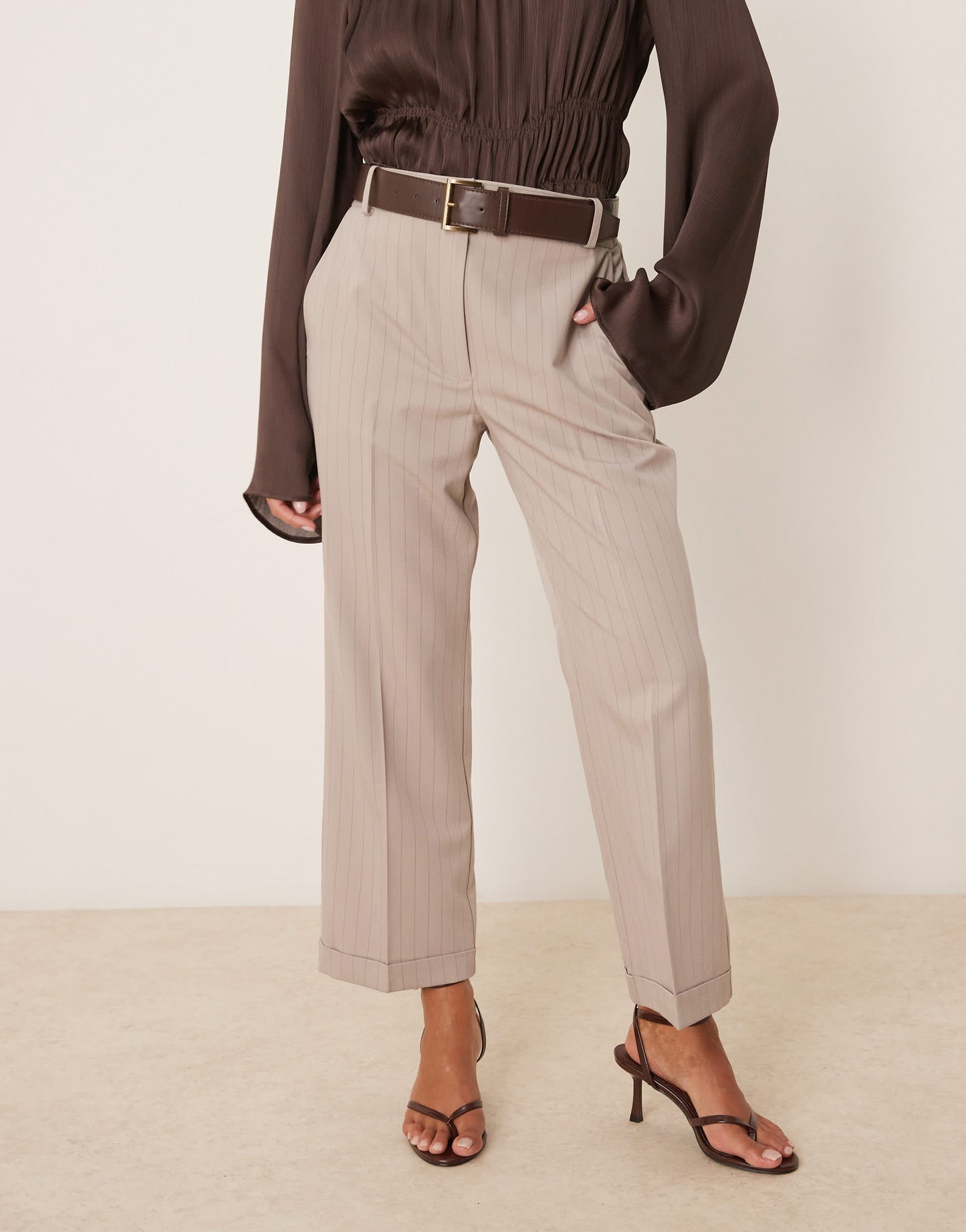 ASOS DESIGN Petite tailored slim straight trousers with belt in mink stripe