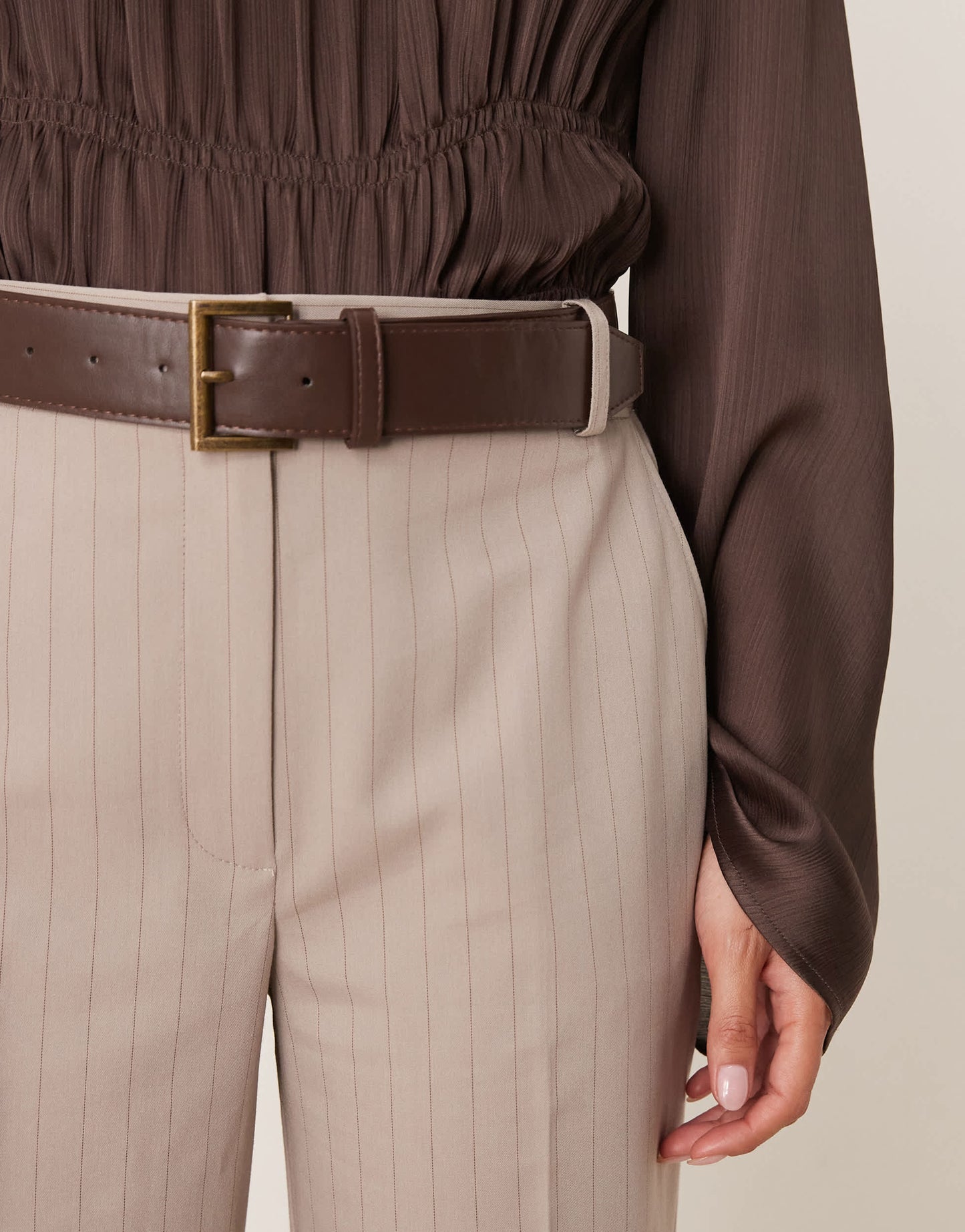 ASOS DESIGN Petite tailored slim straight trousers with belt in mink stripe