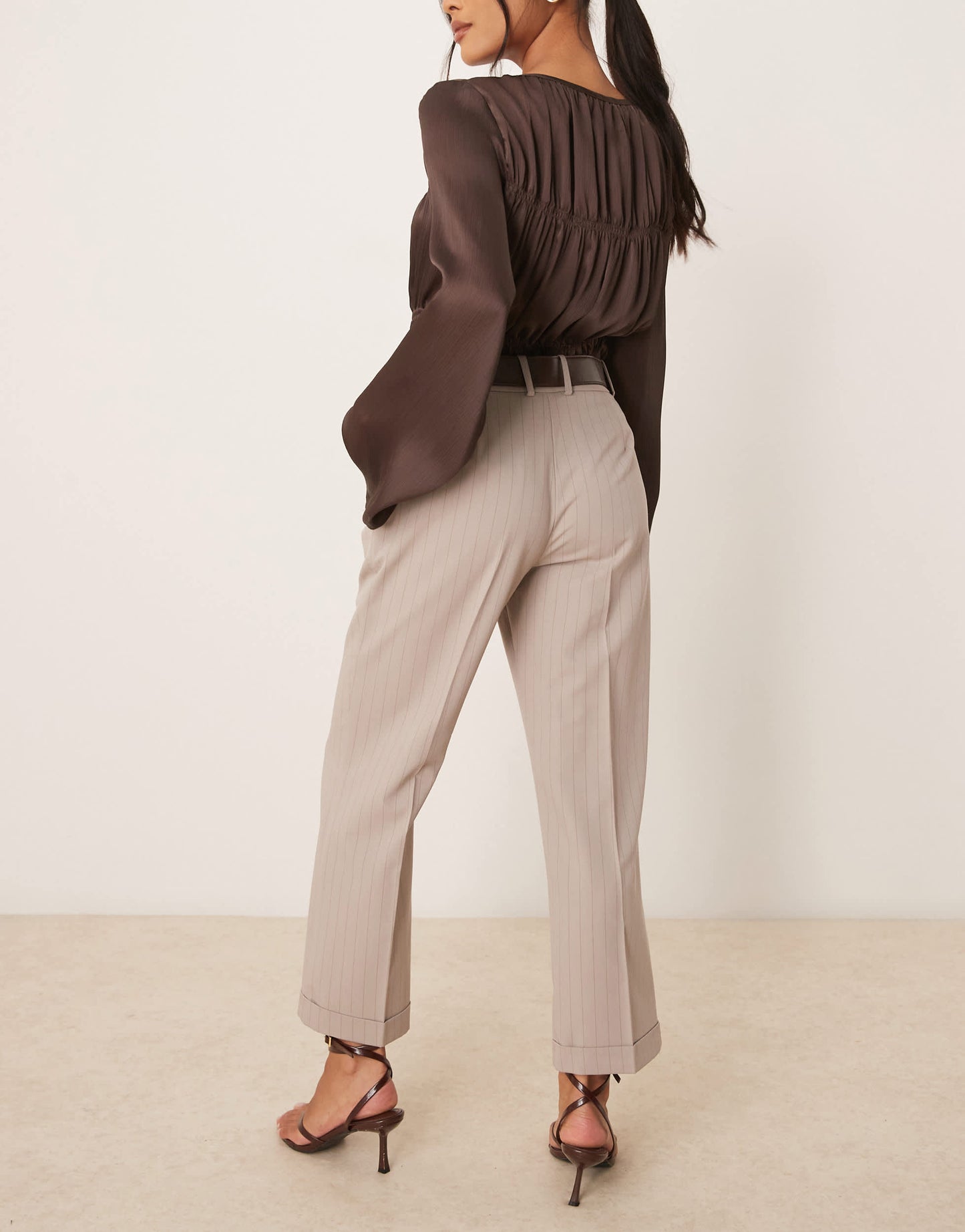 ASOS DESIGN Petite tailored slim straight trousers with belt in mink stripe