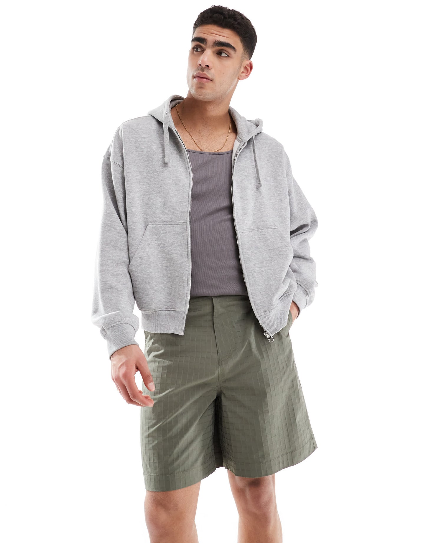 ASOS DESIGN long length textured shorts with workwear patch in green