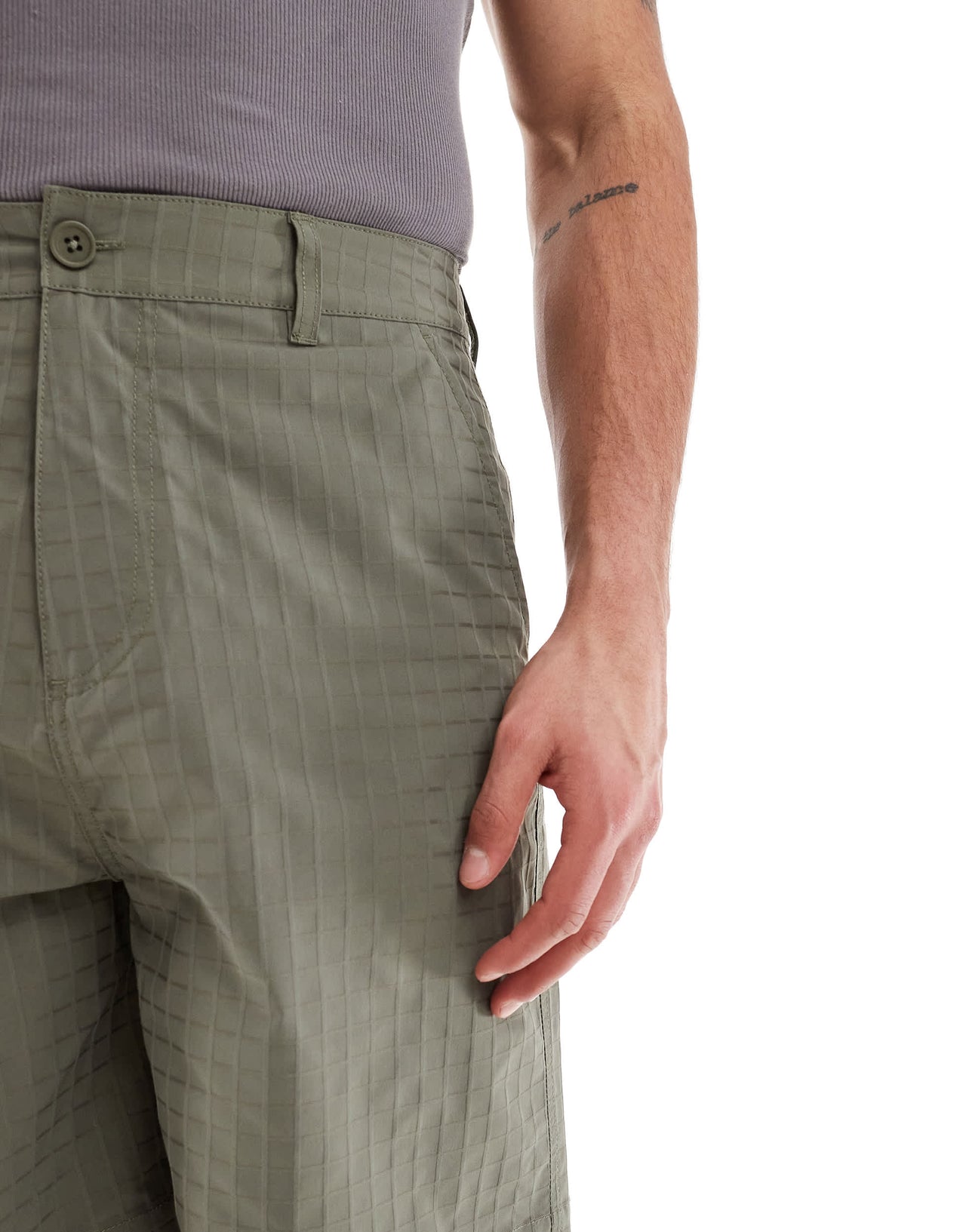 ASOS DESIGN long length textured shorts with workwear patch in green