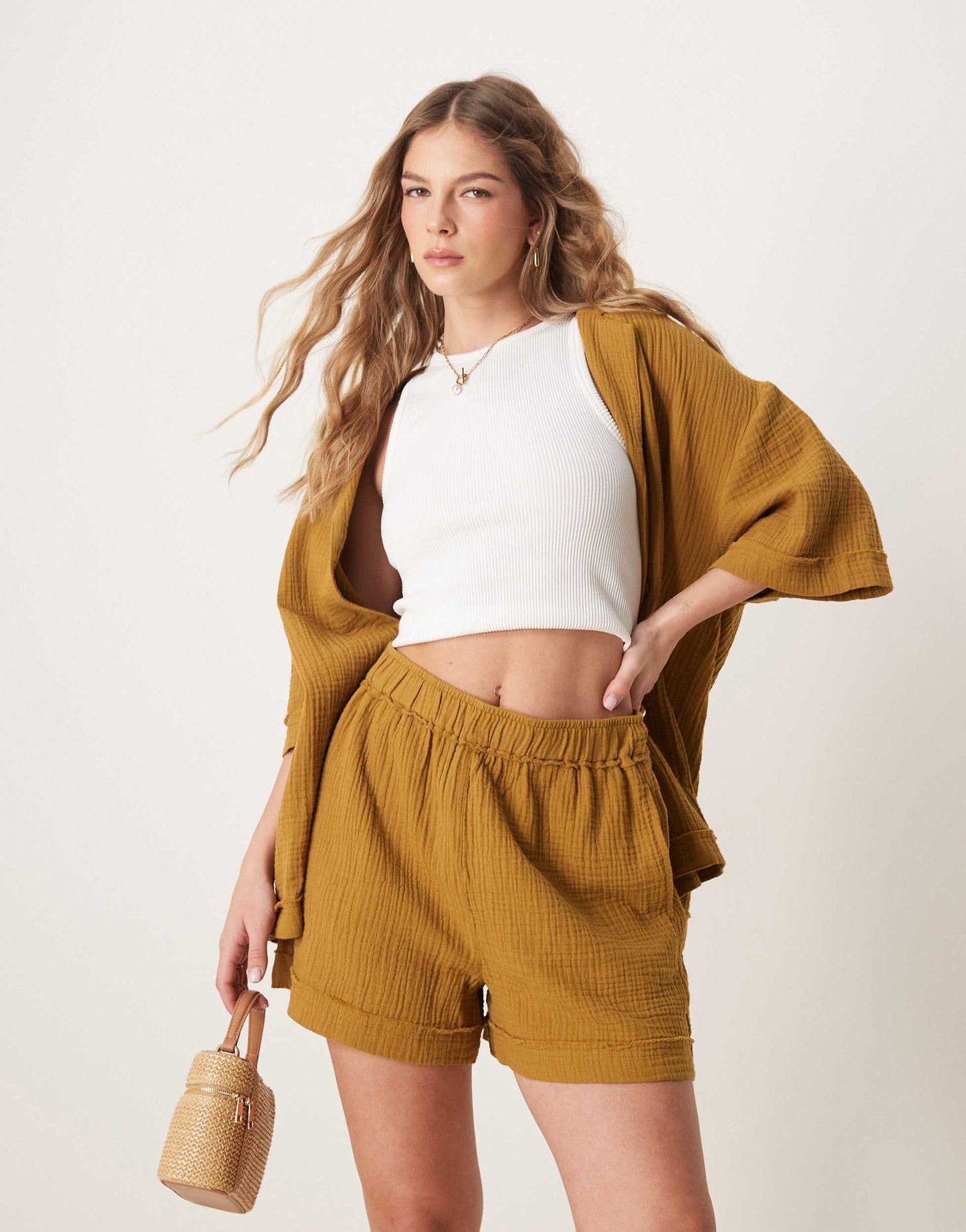 ASOS DESIGN cheesecloth pull on shorts with raw edge detail co-ord in olive