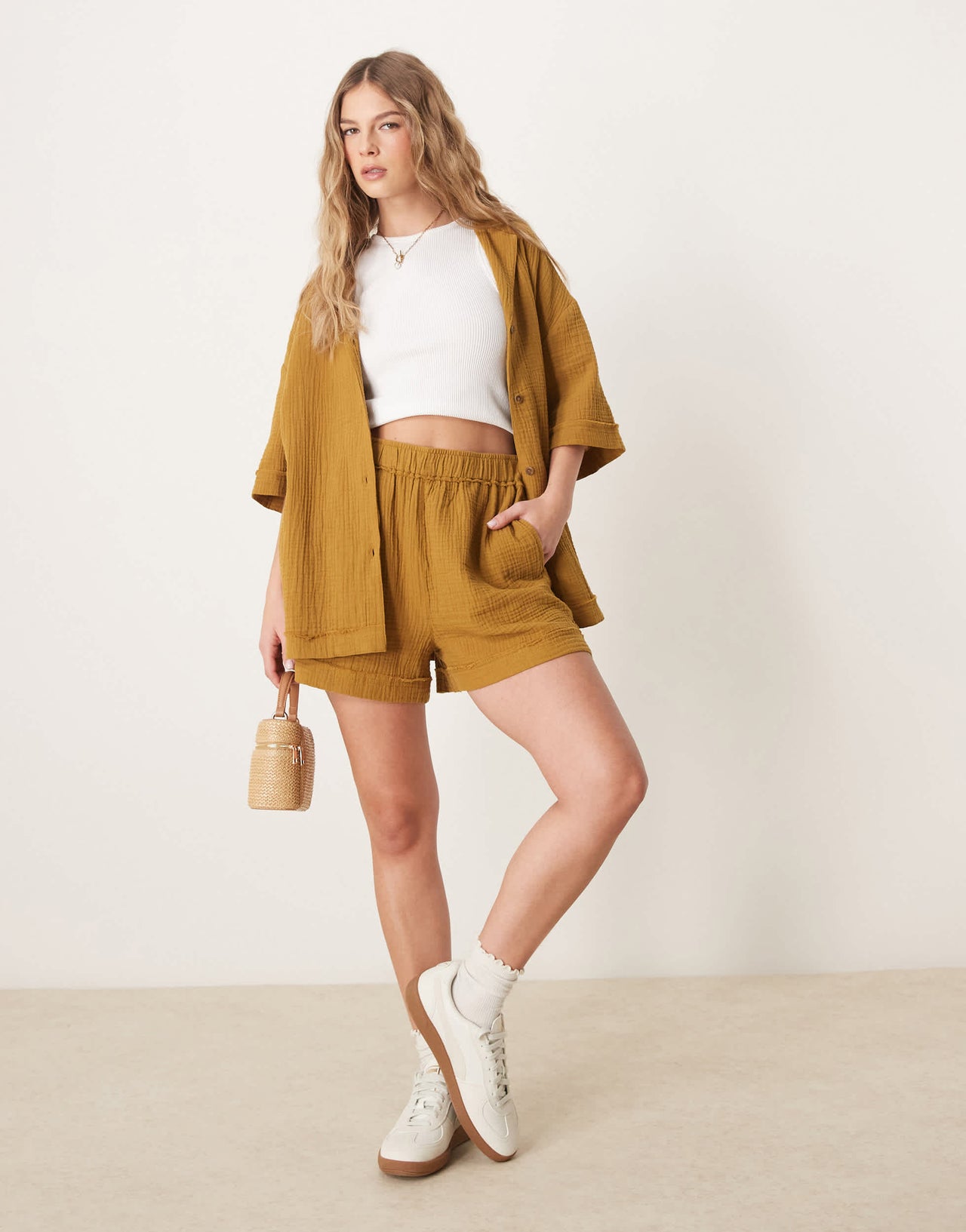 ASOS DESIGN cheesecloth pull on shorts with raw edge detail co-ord in olive