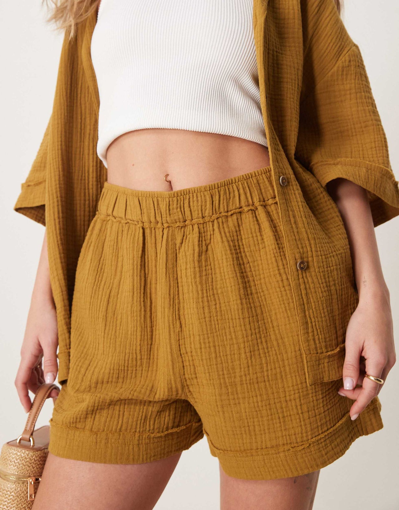 ASOS DESIGN cheesecloth pull on shorts with raw edge detail co-ord in olive