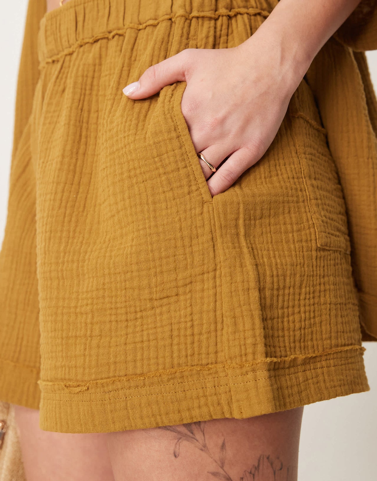 ASOS DESIGN cheesecloth pull on shorts with raw edge detail co-ord in olive