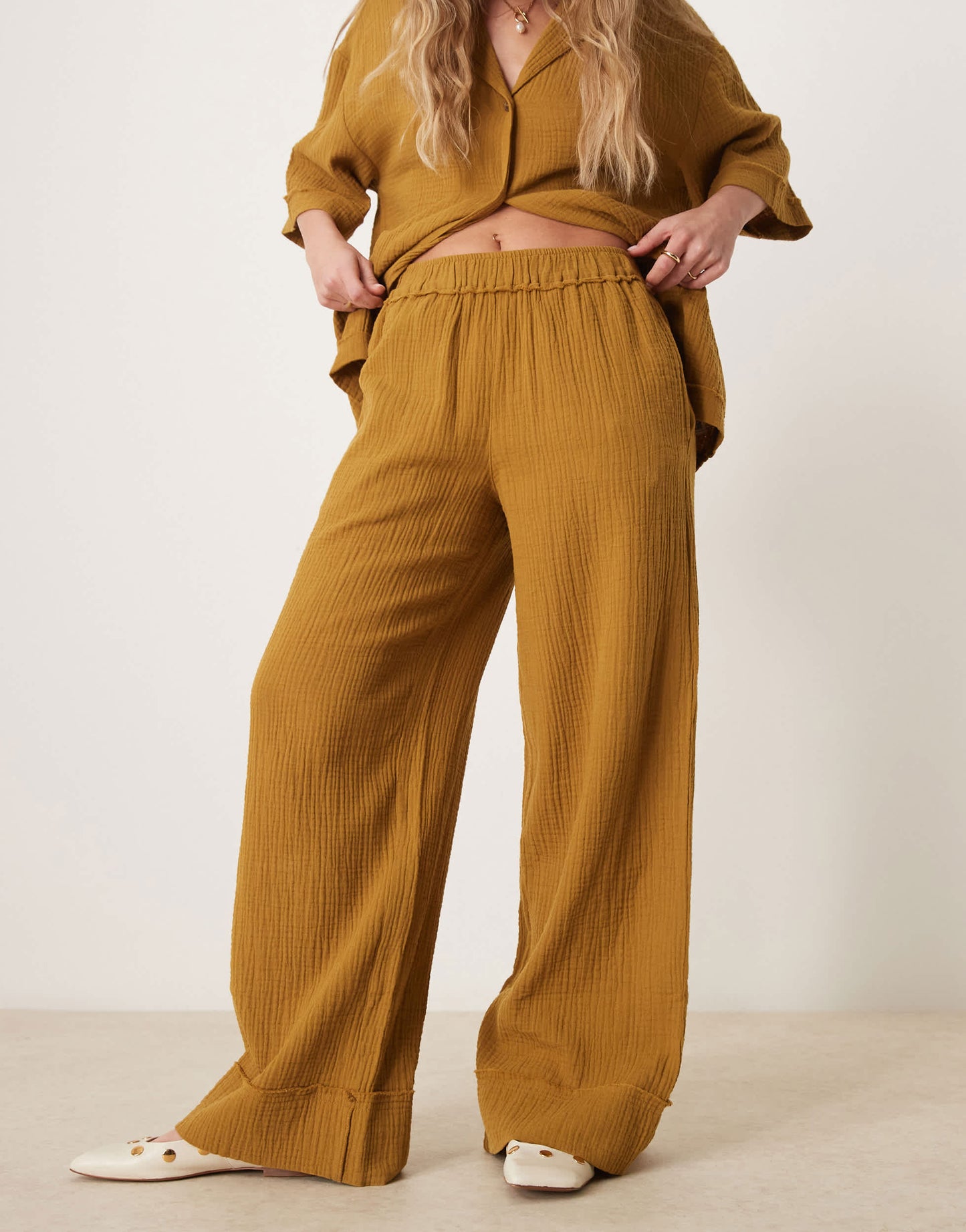 ASOS DESIGN cheesecloth pull on trousers with raw edge detail co-ord in olive