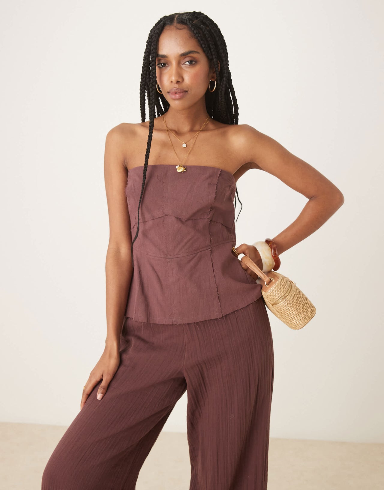 ASOS DESIGN bandeau linen top cotton trouser jumpsuit in chocolate
