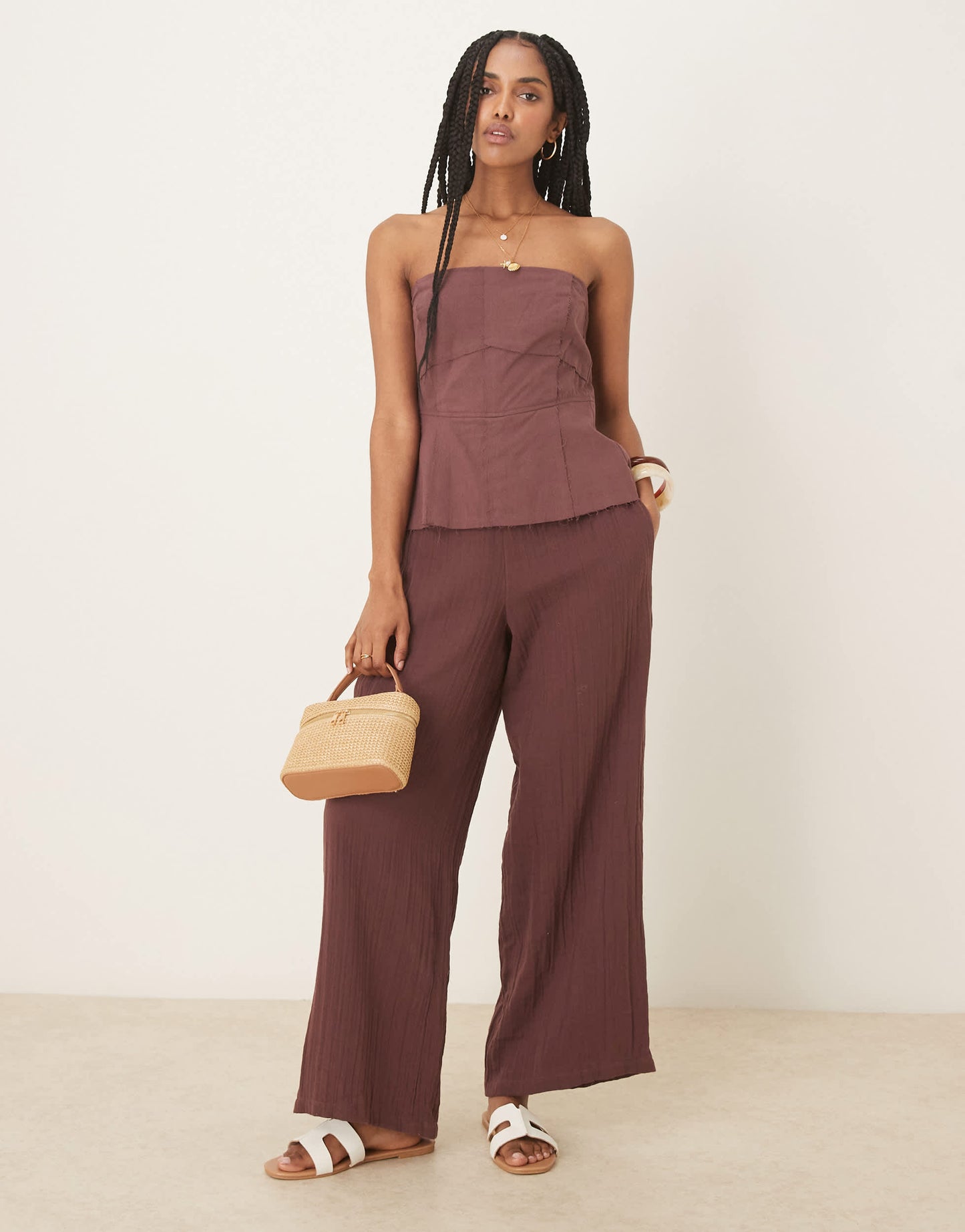 ASOS DESIGN bandeau linen top cotton trouser jumpsuit in chocolate