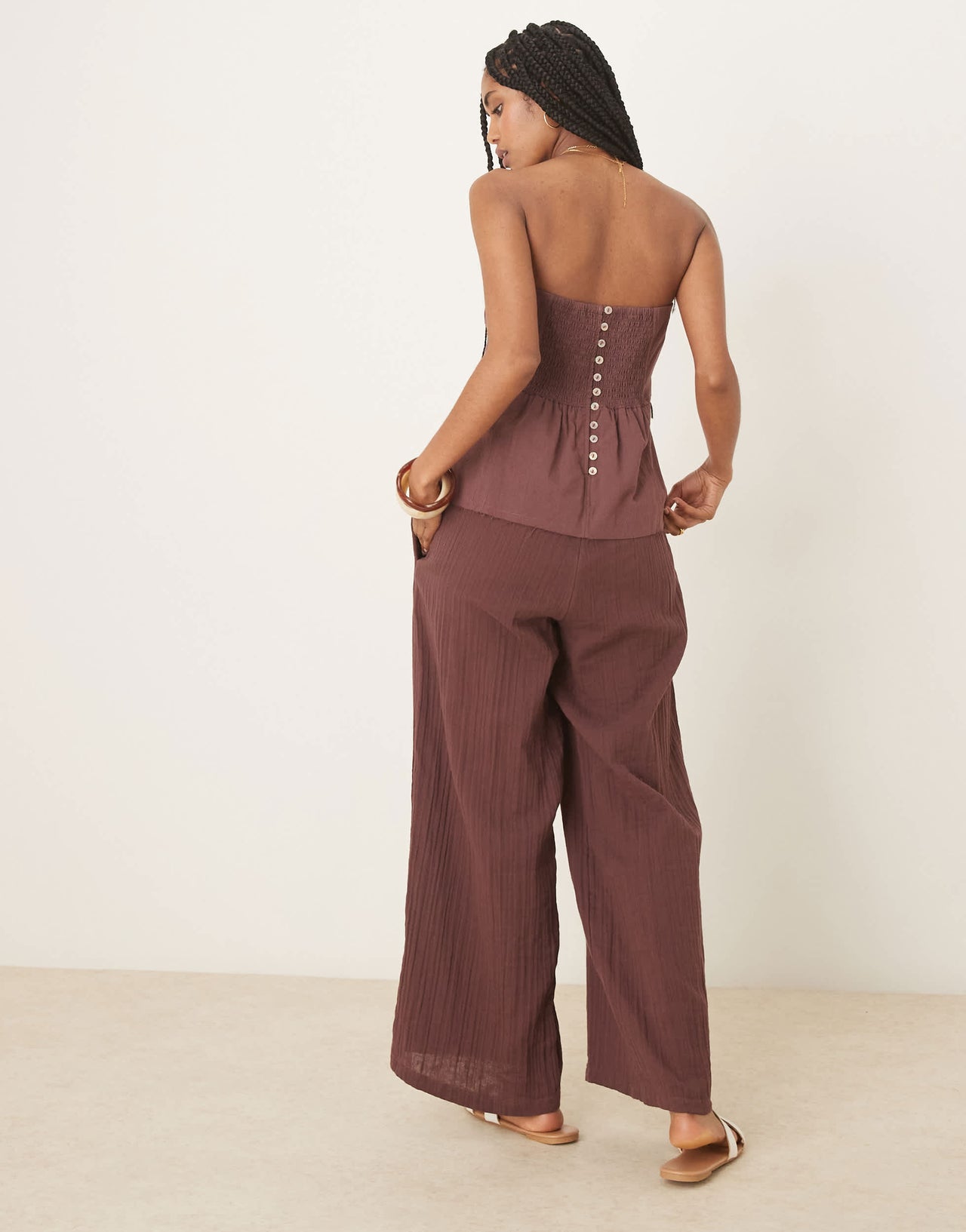 ASOS DESIGN bandeau linen top cotton trouser jumpsuit in chocolate