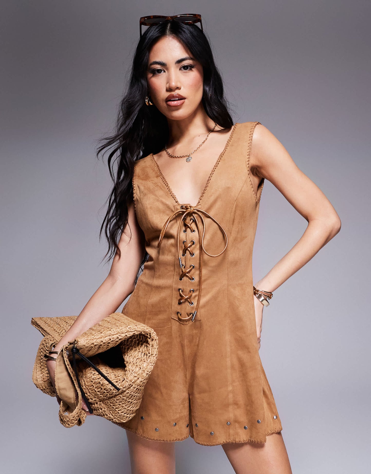 ASOS DESIGN suedette lace up playsuit with stud detail in tan