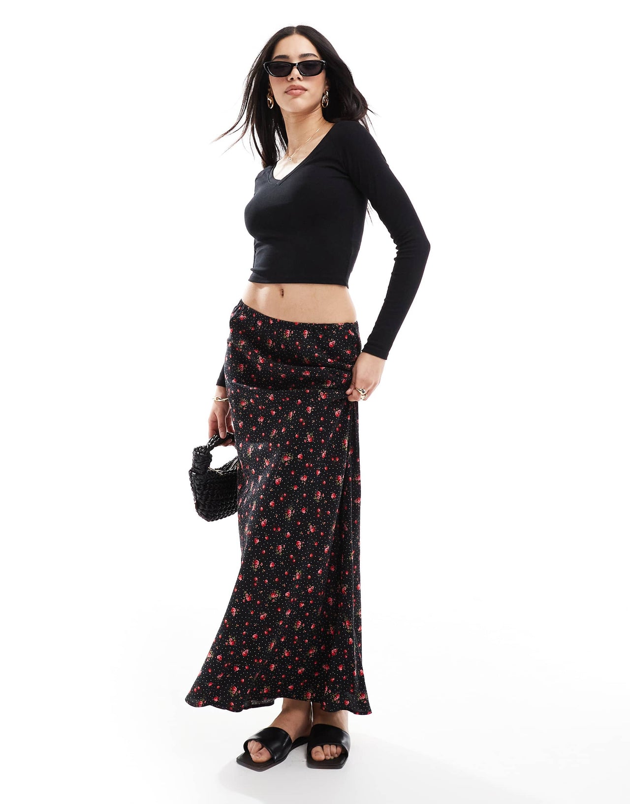 Miss Selfridge spun bias maxi skirt in black heart print