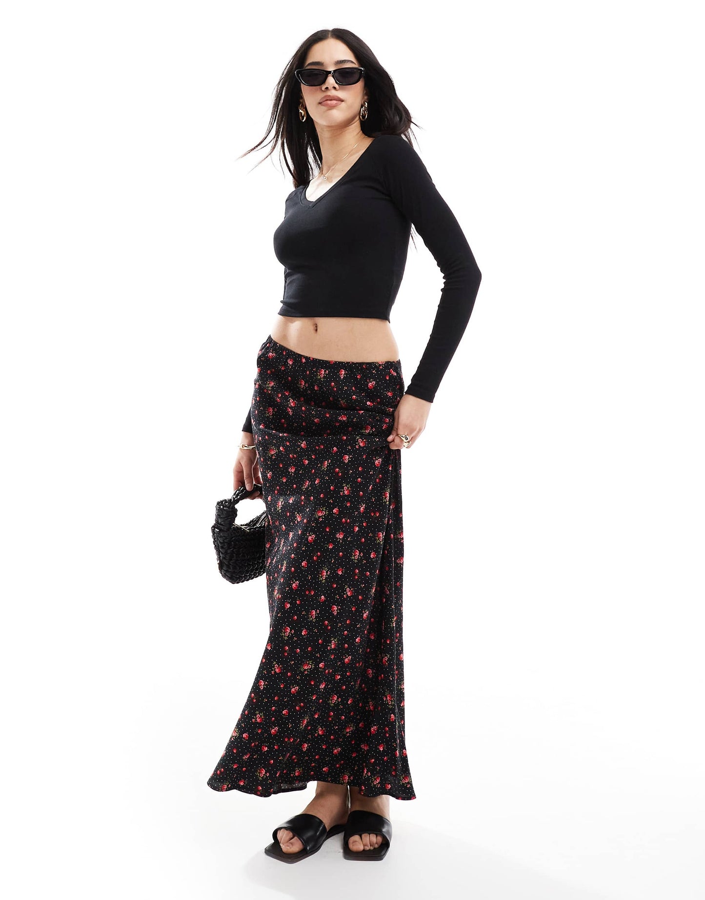 Miss Selfridge spun bias maxi skirt in black heart print