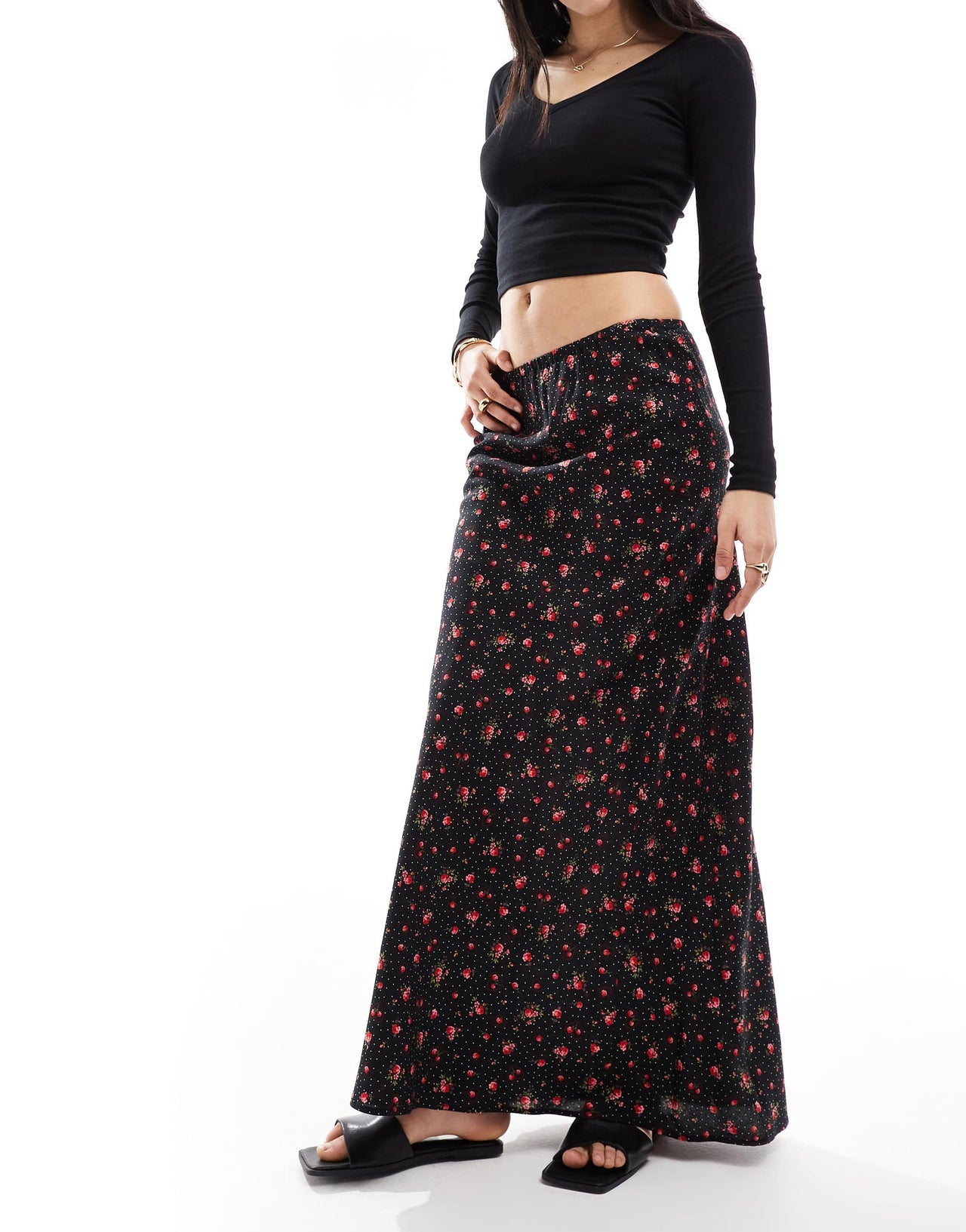 Miss Selfridge spun bias maxi skirt in black heart print