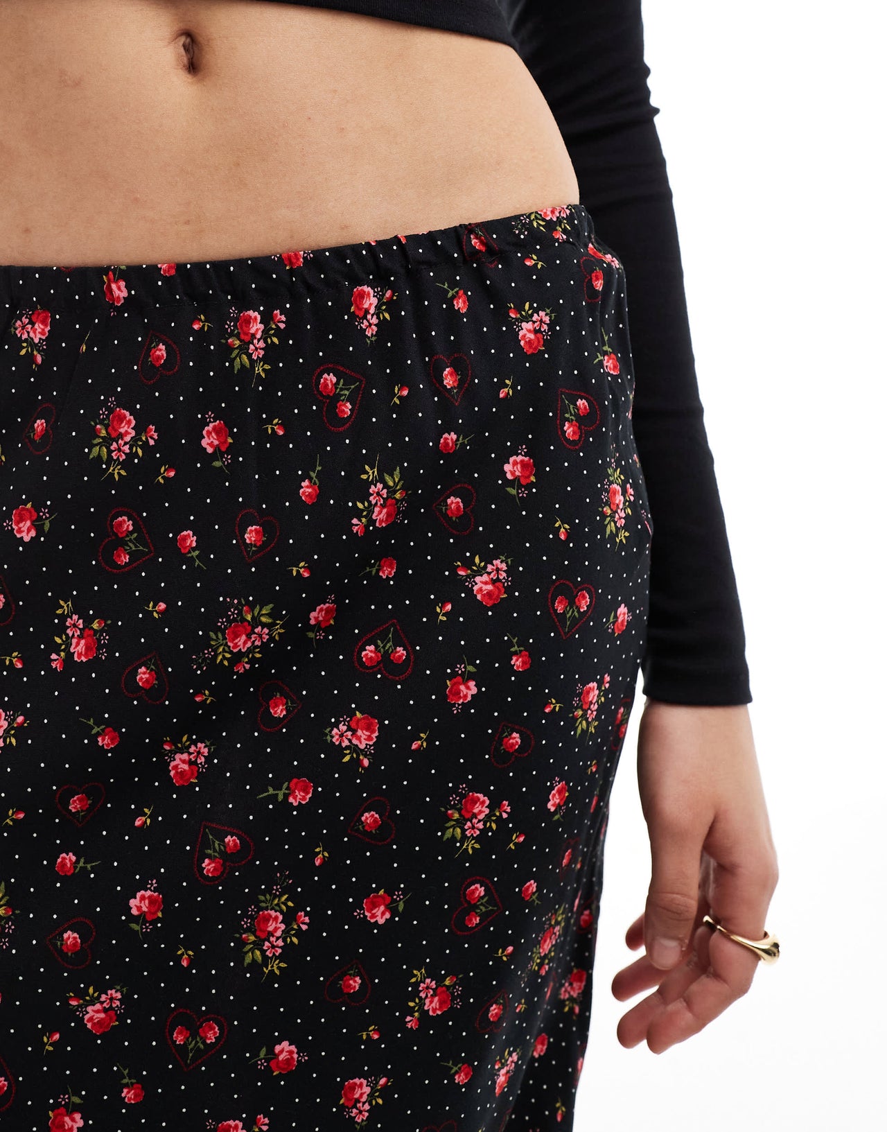 Miss Selfridge spun bias maxi skirt in black heart print
