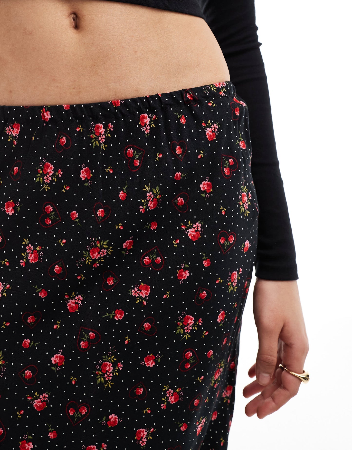 Miss Selfridge spun bias maxi skirt in black heart print