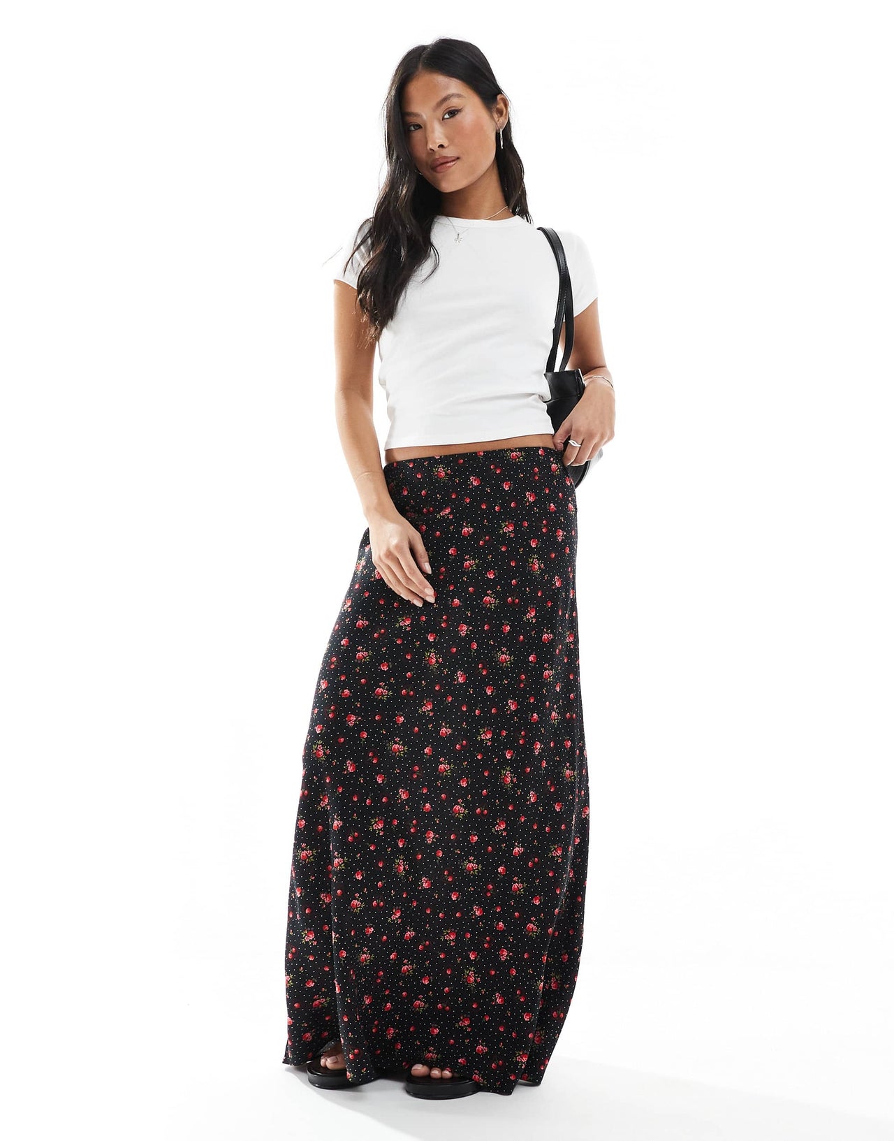 Miss Selfridge Petite spun maxi skirt in black heart print