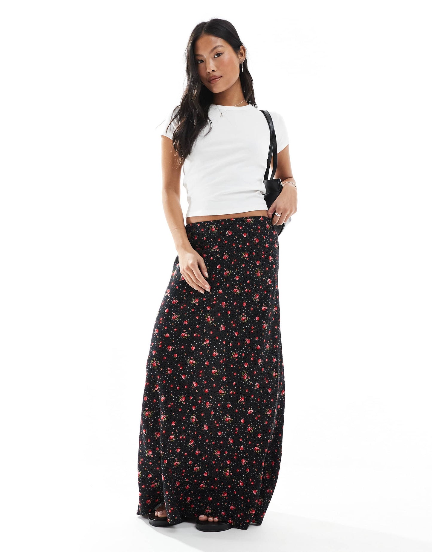 Miss Selfridge Petite spun maxi skirt in black heart print