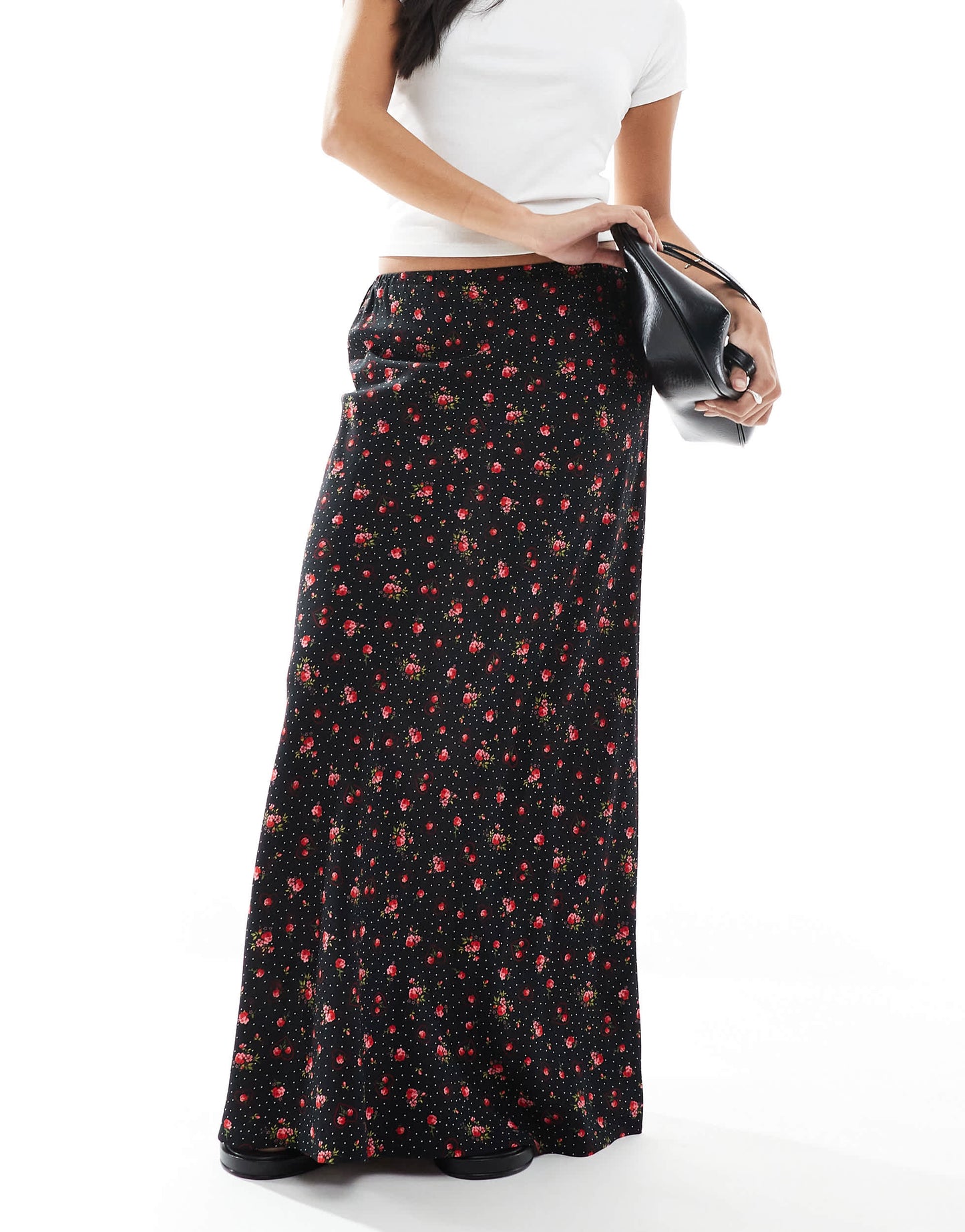 Miss Selfridge Petite spun maxi skirt in black heart print