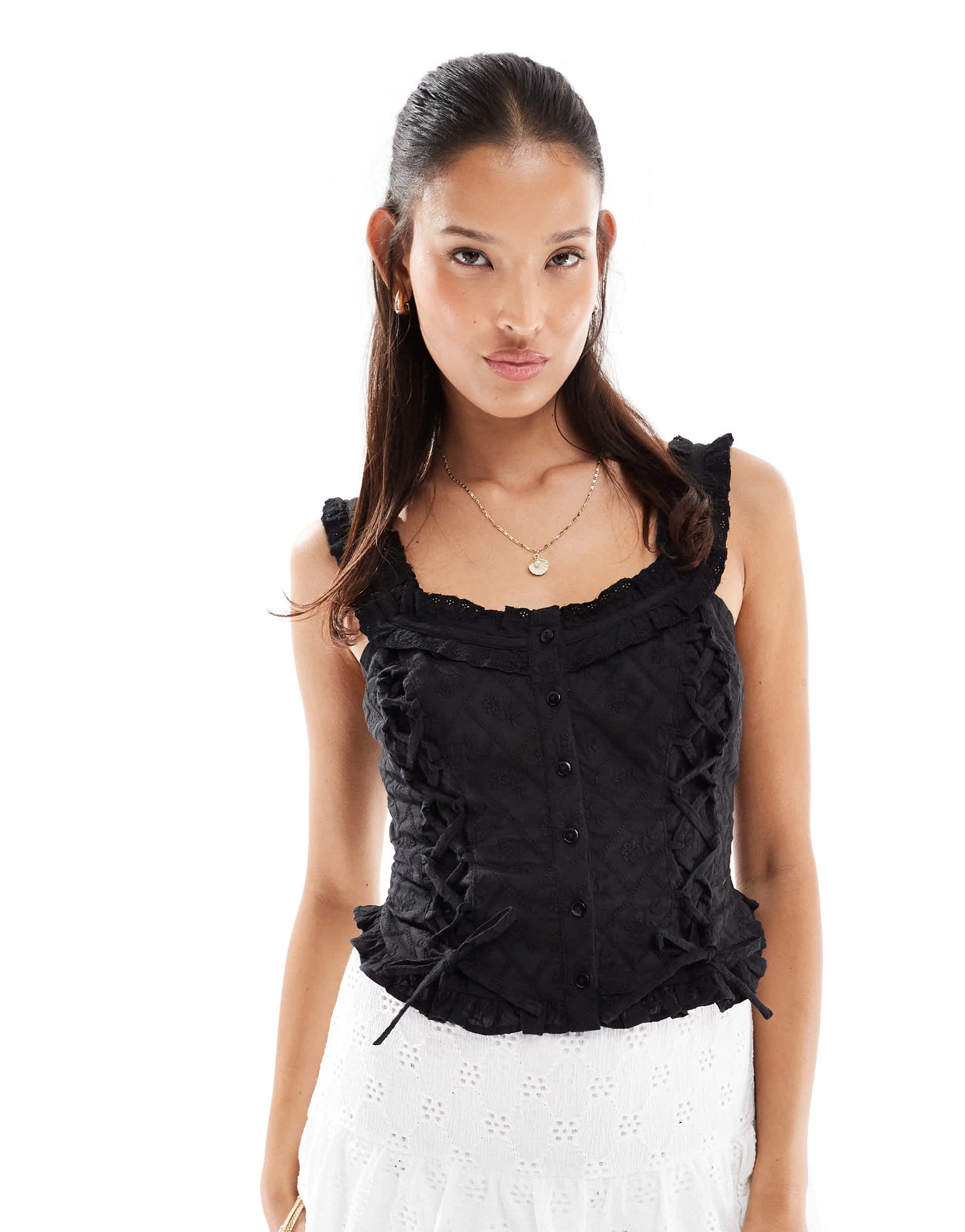 Miss Selfridge cotton broderie corset top in BLACK