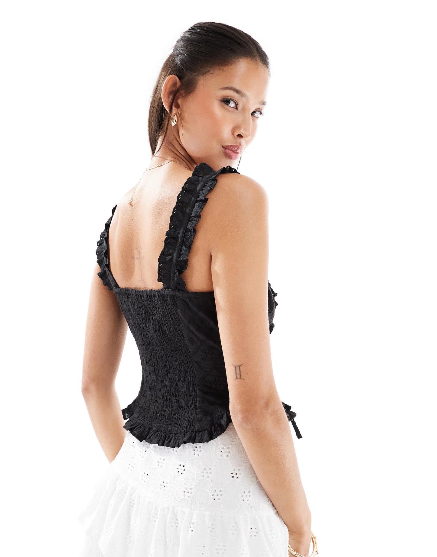 Miss Selfridge cotton broderie corset top in BLACK