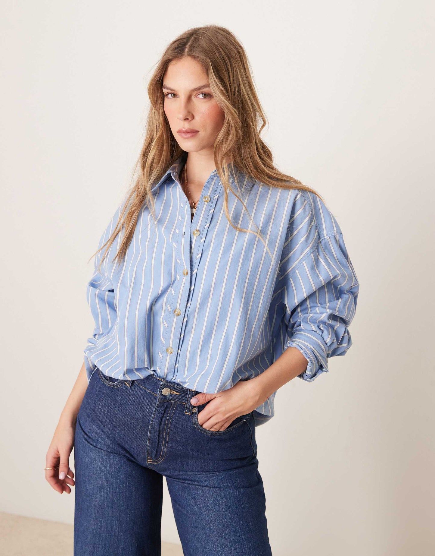 Free People striped varsity oversized shirt in blue