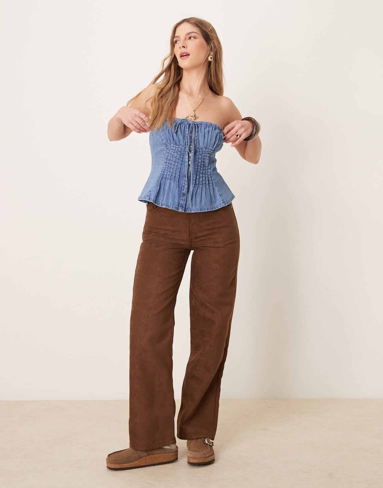 Free People ruched denim tube top in medium wash blue