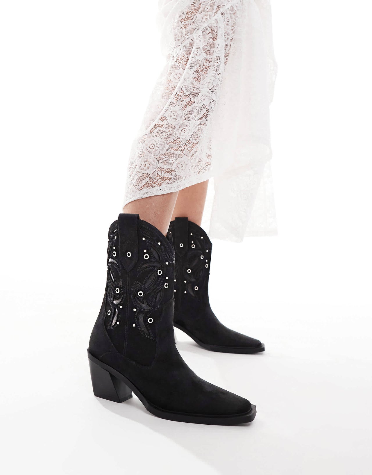 ASOS DESIGN Roan western heeled boots with stones in black