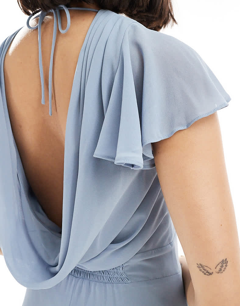 TFNC Bridesmaid flutter sleeve cowl back chiffon maxi dress in dusty blue
