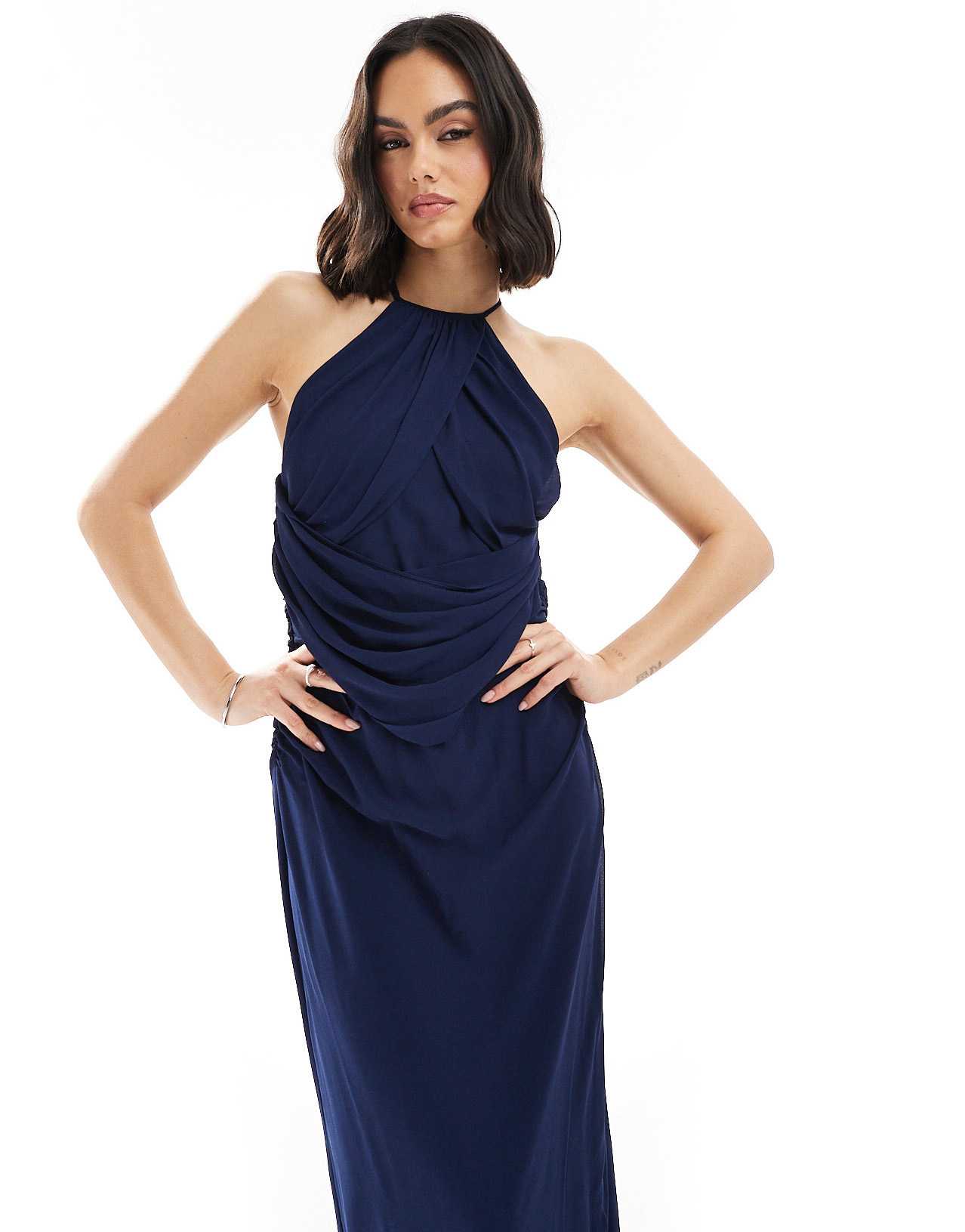 TFNC Bridesmaid cross front maxi dress with cowl back in navy