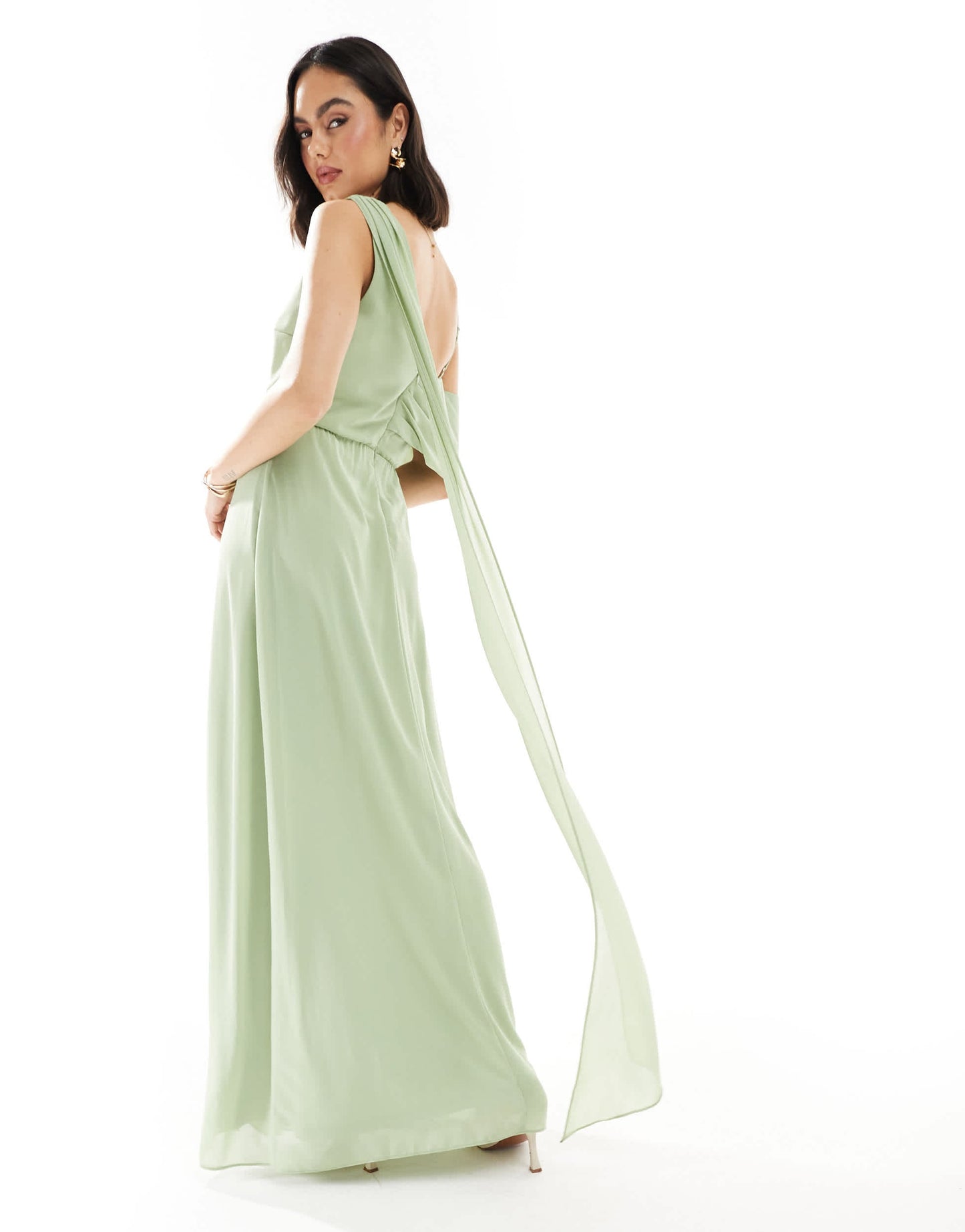 TFNC Bridesmaid one shoulder drape maxi dress with wrap skirt in sage green