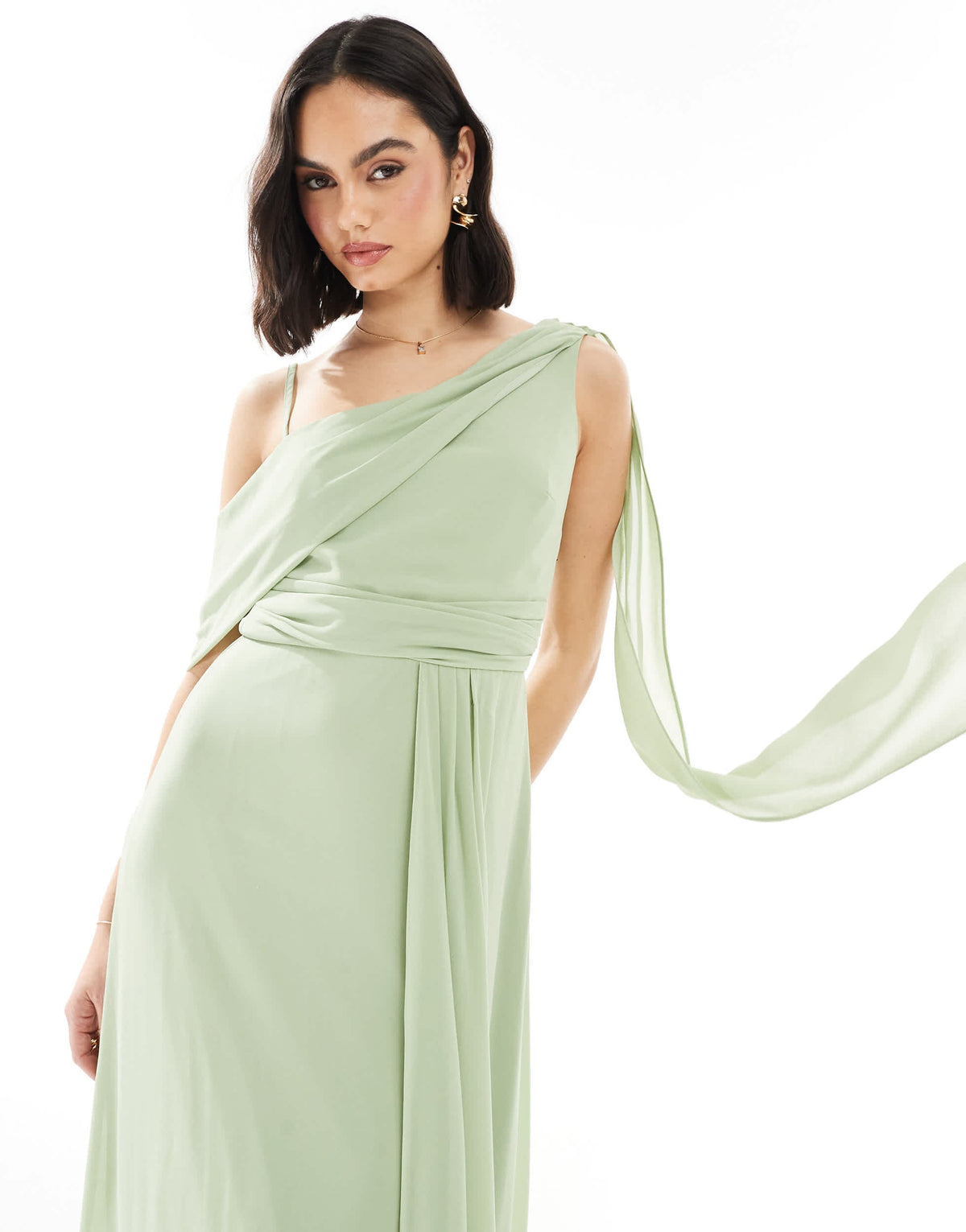 TFNC Bridesmaid one shoulder drape maxi dress with wrap skirt in sage green