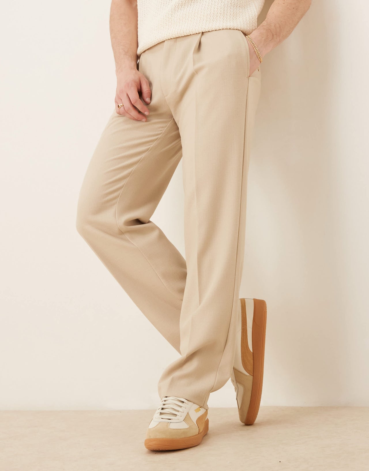 ASOS DESIGN smart straight leg trousers with front pleats in stone microtexture